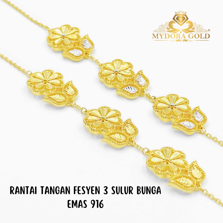 MYDORA Rantai Tangan Fesyen 3 Sulur Bunga l EMAS 916/22K