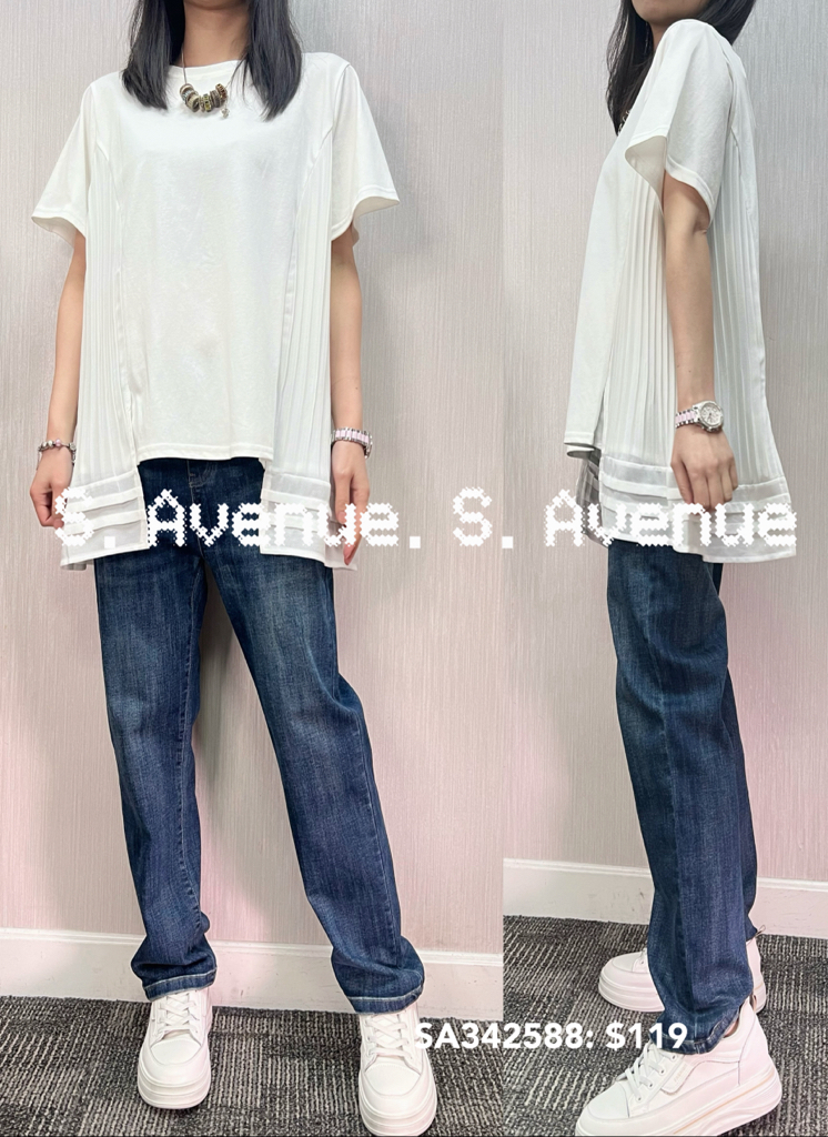 SA342588: 短袖側拼白色壓撍雪紡A字tee