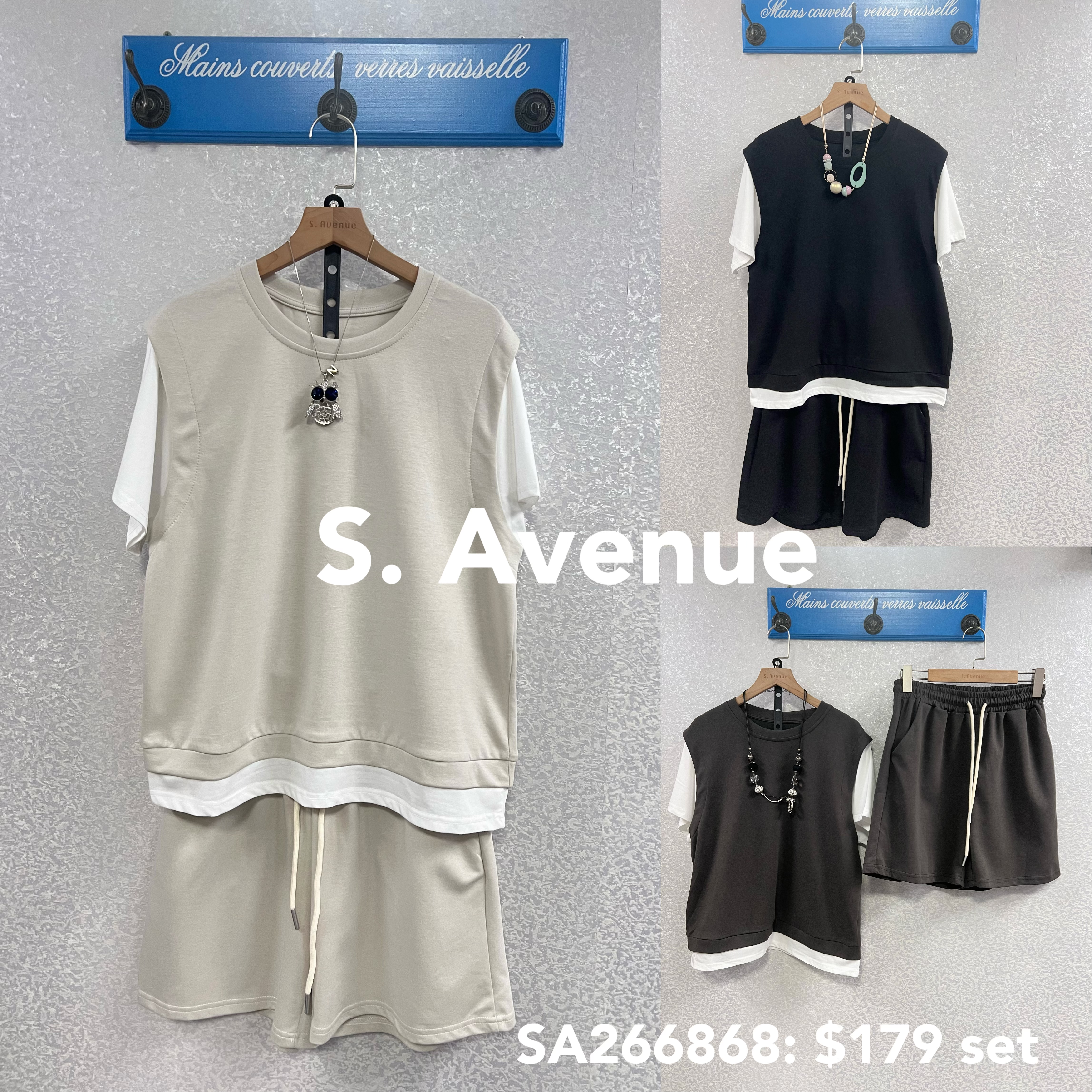 SA266868: 短袖假兩件tee配短褲套裝