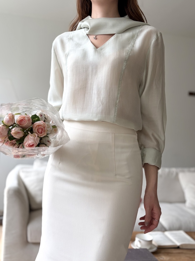 Aurelie Scarf-Tie Blouse (Mint)