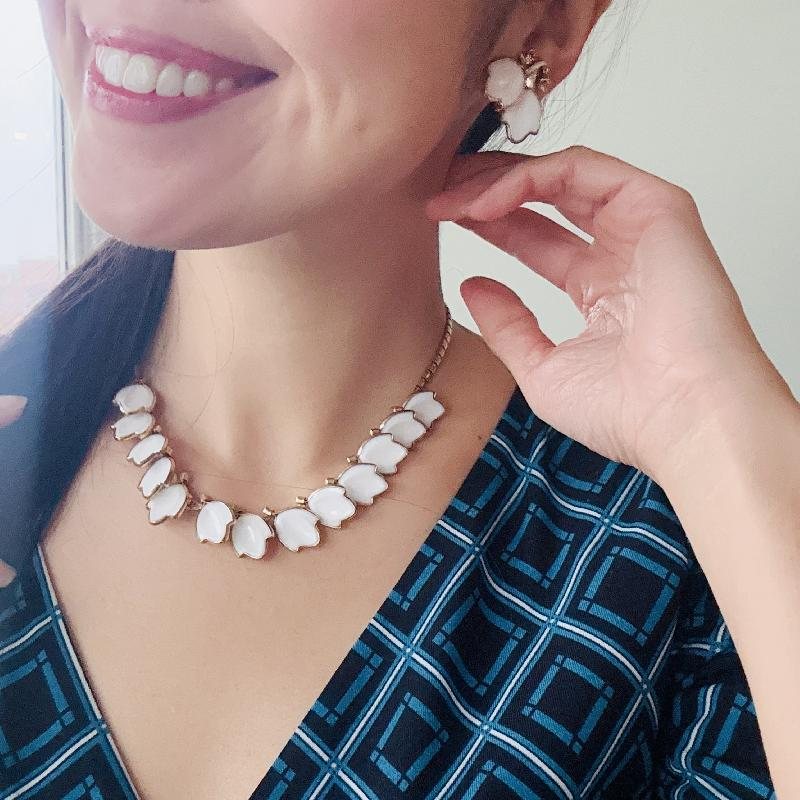 Rare! Crown Trifari 1951 Advert Piece Dogwood Milk Glass “Fashion Blossoms from the Garden of Jewels” series Necklace and Clip Earrings Set (MT2251)