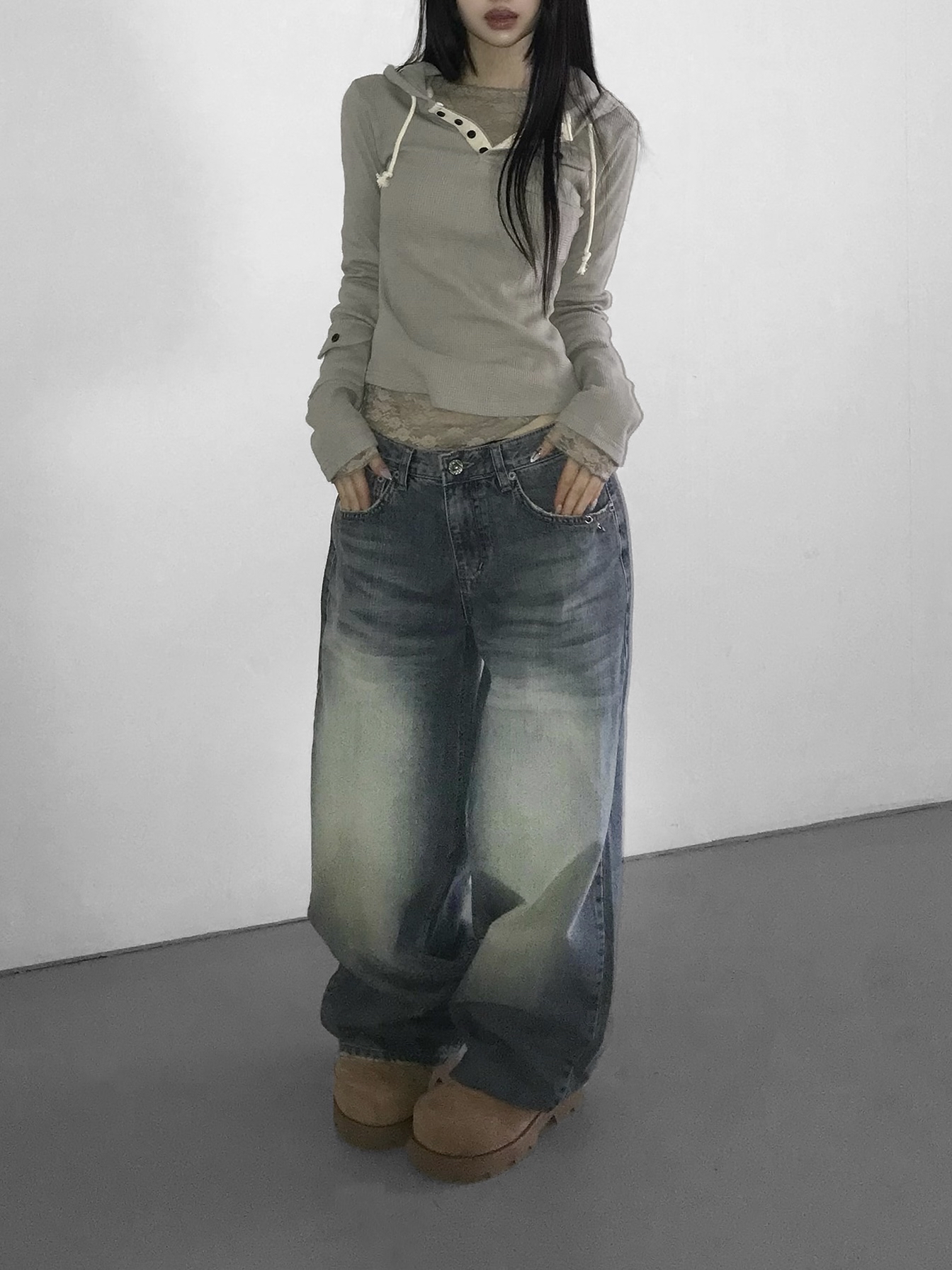 Metal Hook Washed Wide-Leg Denim