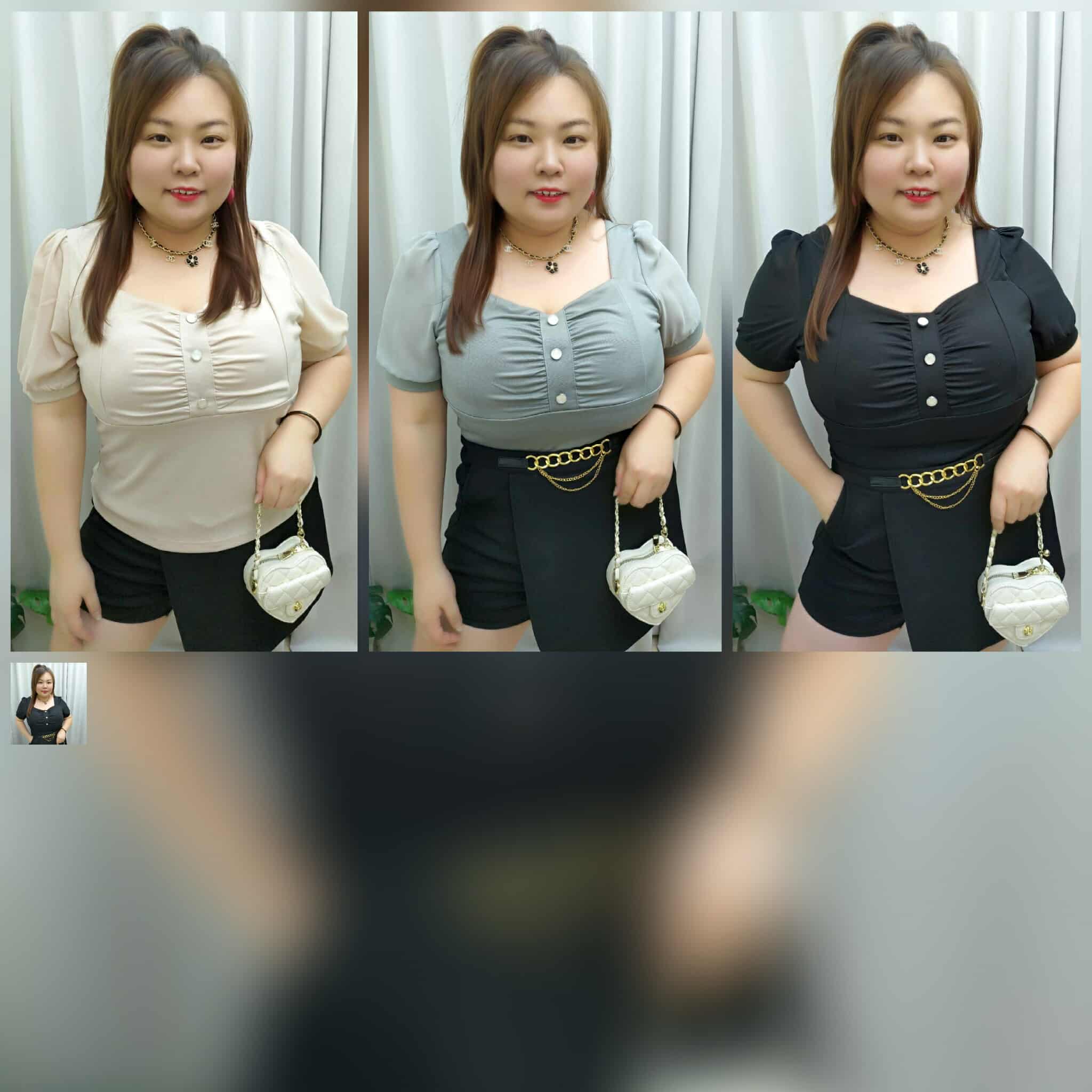 TW#5982 皱褶钻石领附垫设计上衣