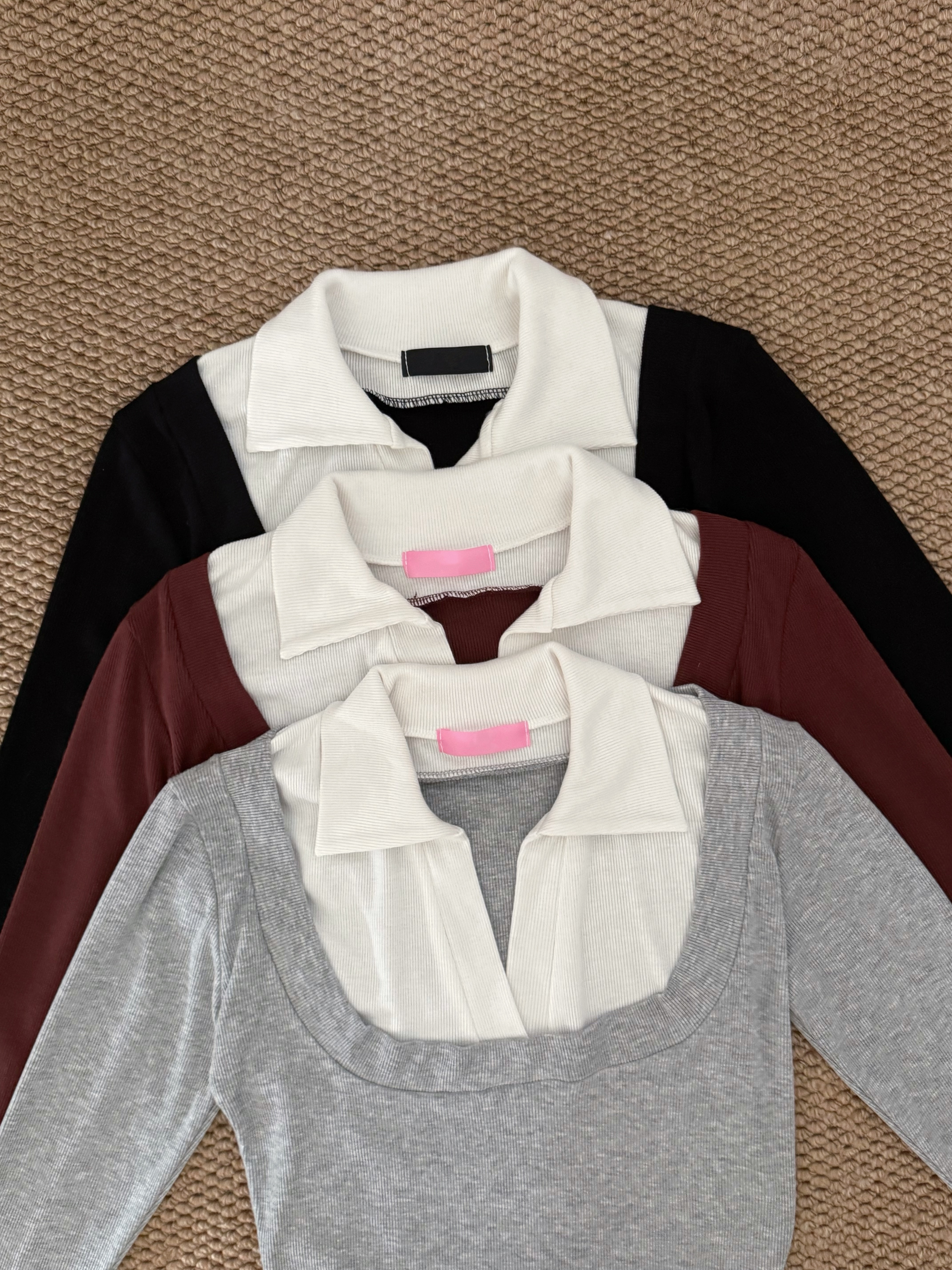 歐美幼坑紋假兩件長袖上衣(三色入)