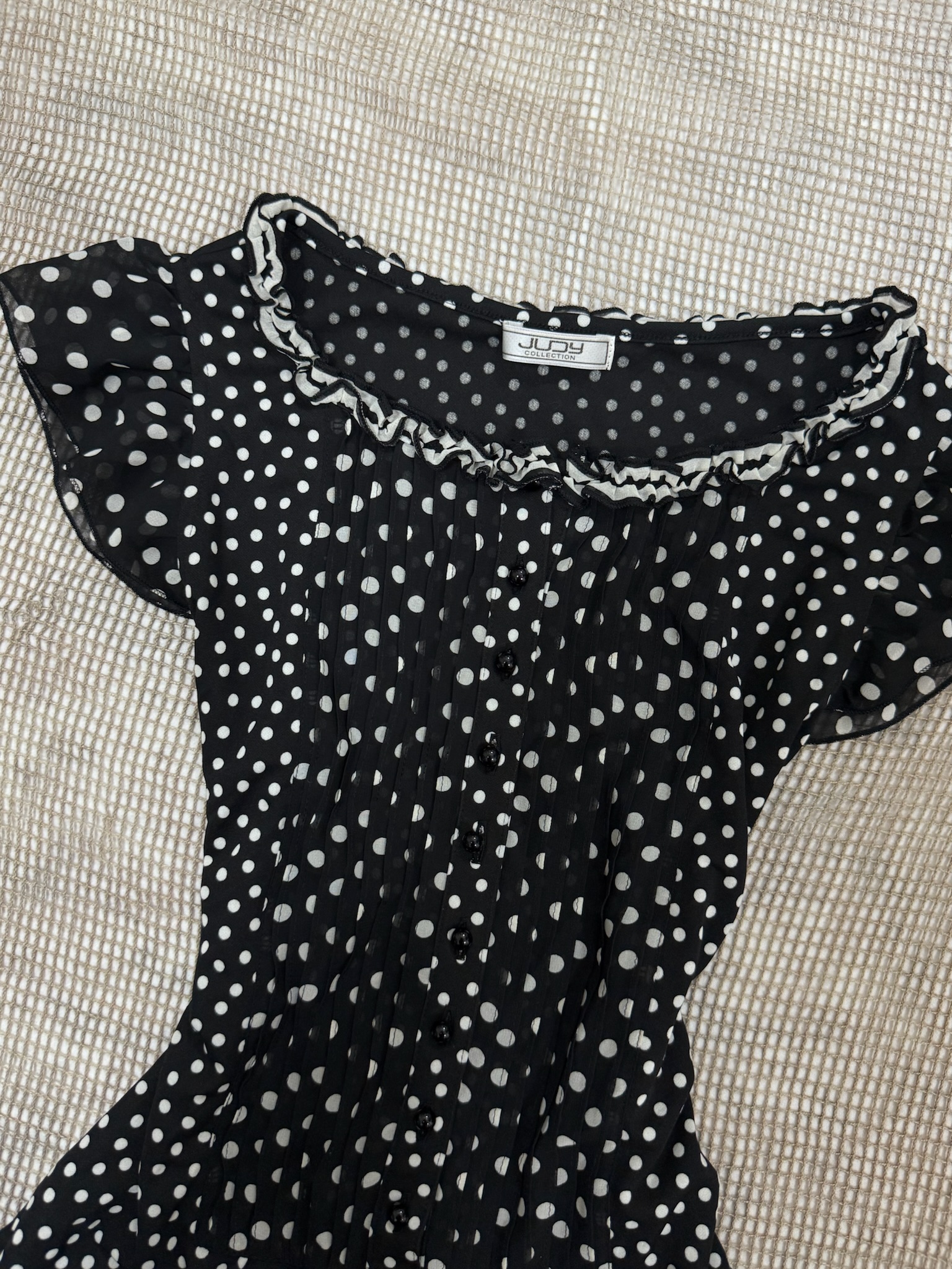 Retro Dot Print Smocked Waist Chiffon Blouse