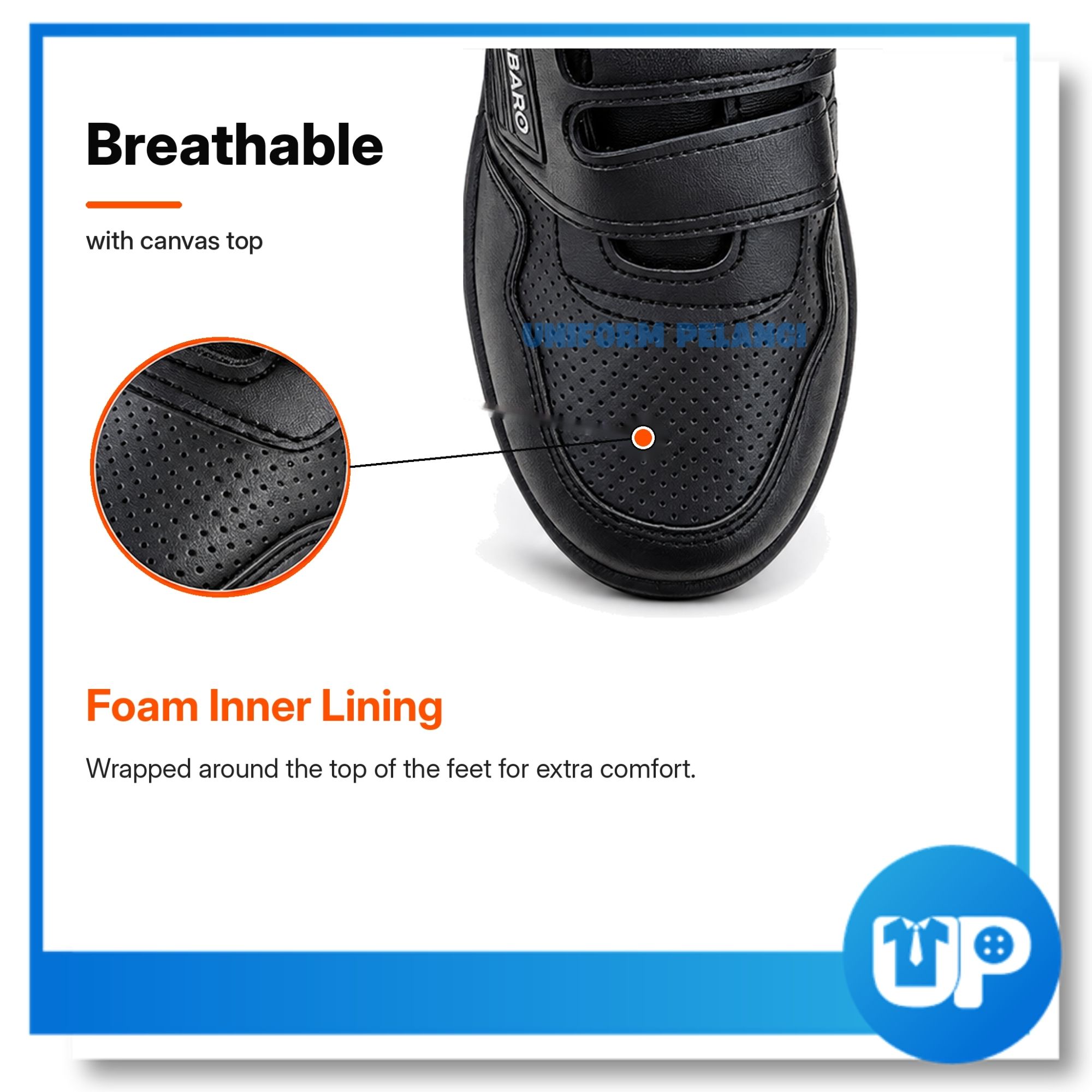 ABARO Kasut Sekolah Hitam Velcro Strap PU Leather Lightweight Sekolah Extra Cushion Shoe (2383N)