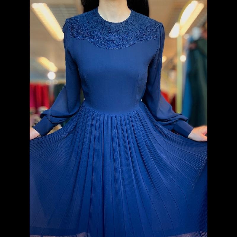Vintage Japanese Neckline Embellished Navy Blue Day And Night Dress (PP001-14)
