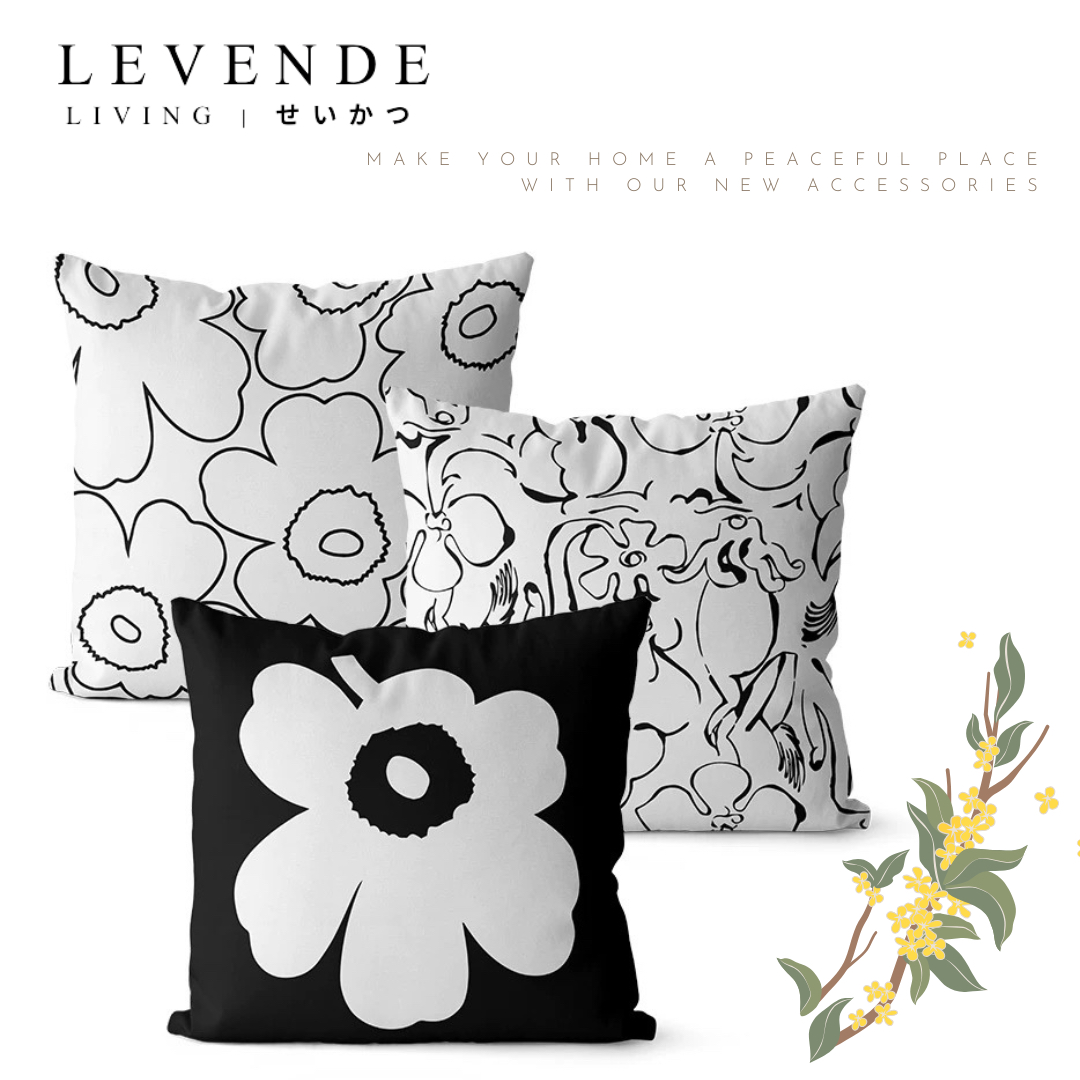 Levende 黑白幾何花朵抱枕套