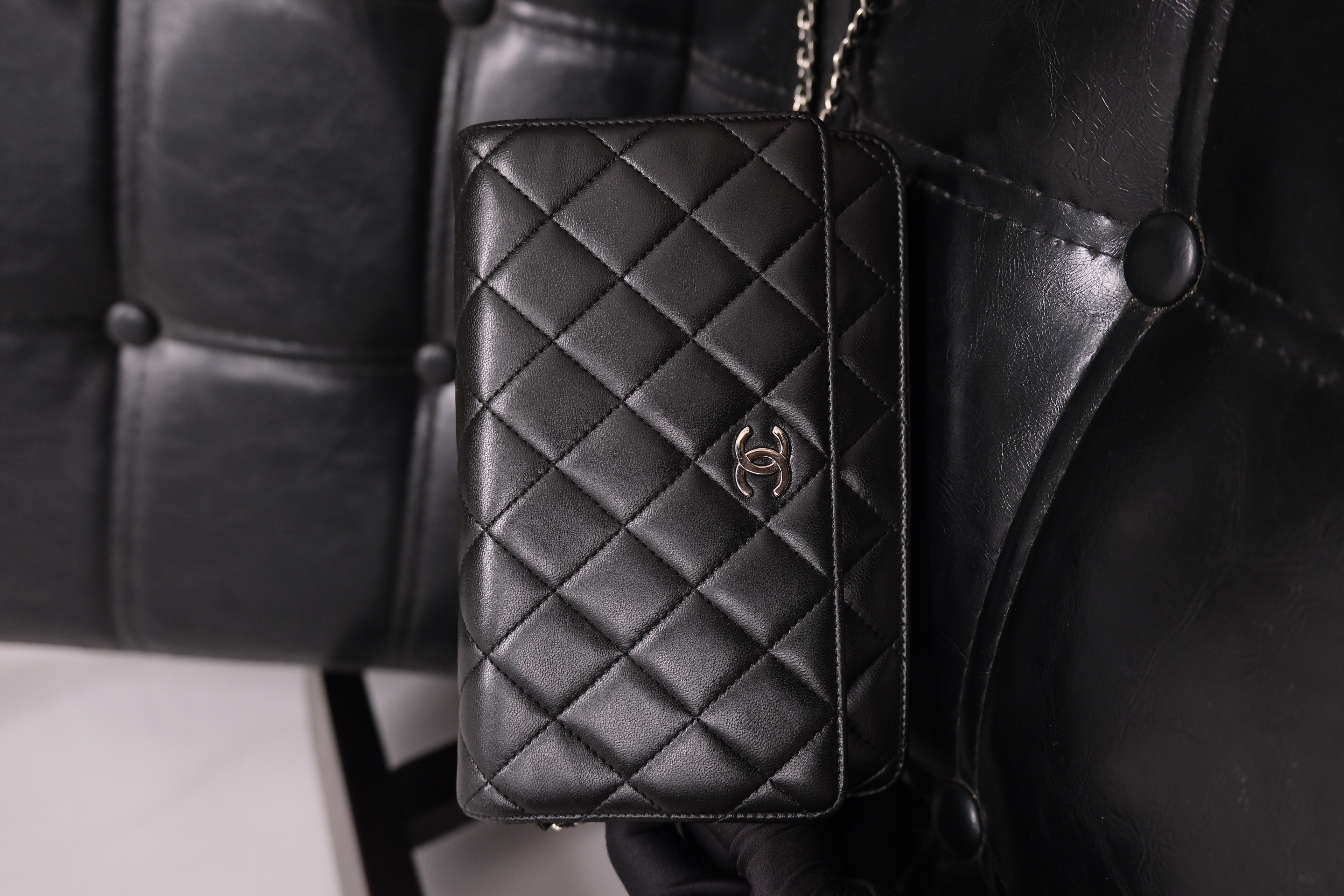 Chanel Lambskin Chain Wallet Black Silver 