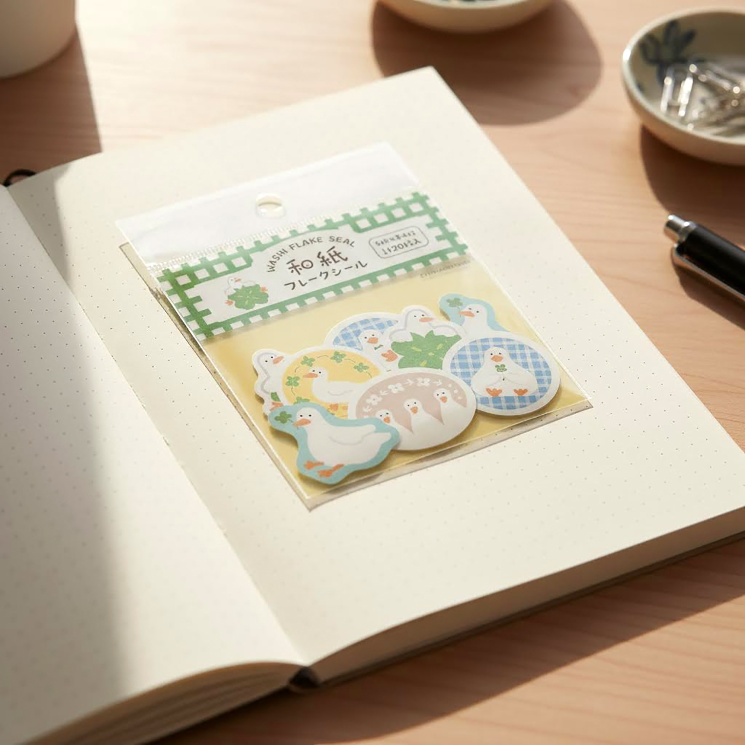 古川紙工 - 和紙貼紙包 (綠色鴨子四葉草款)