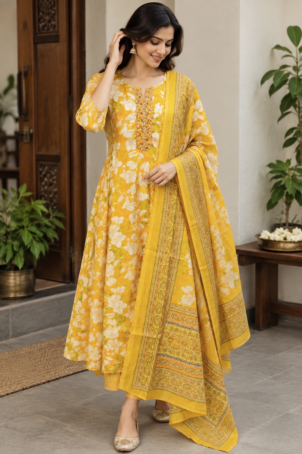 Mustard Floral Muslin Silk Anarkali set