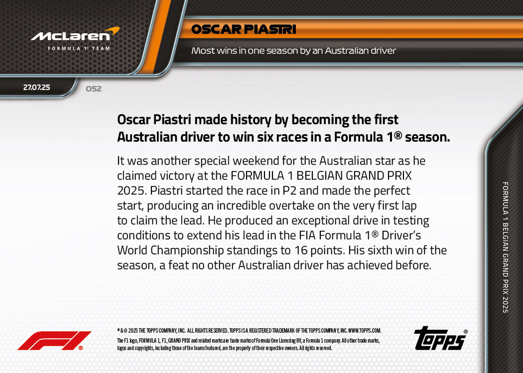 Oscar Piastri - 2025 F1 Topps NOW® #52 Belgian GP 贏車卡｜PR 2,404