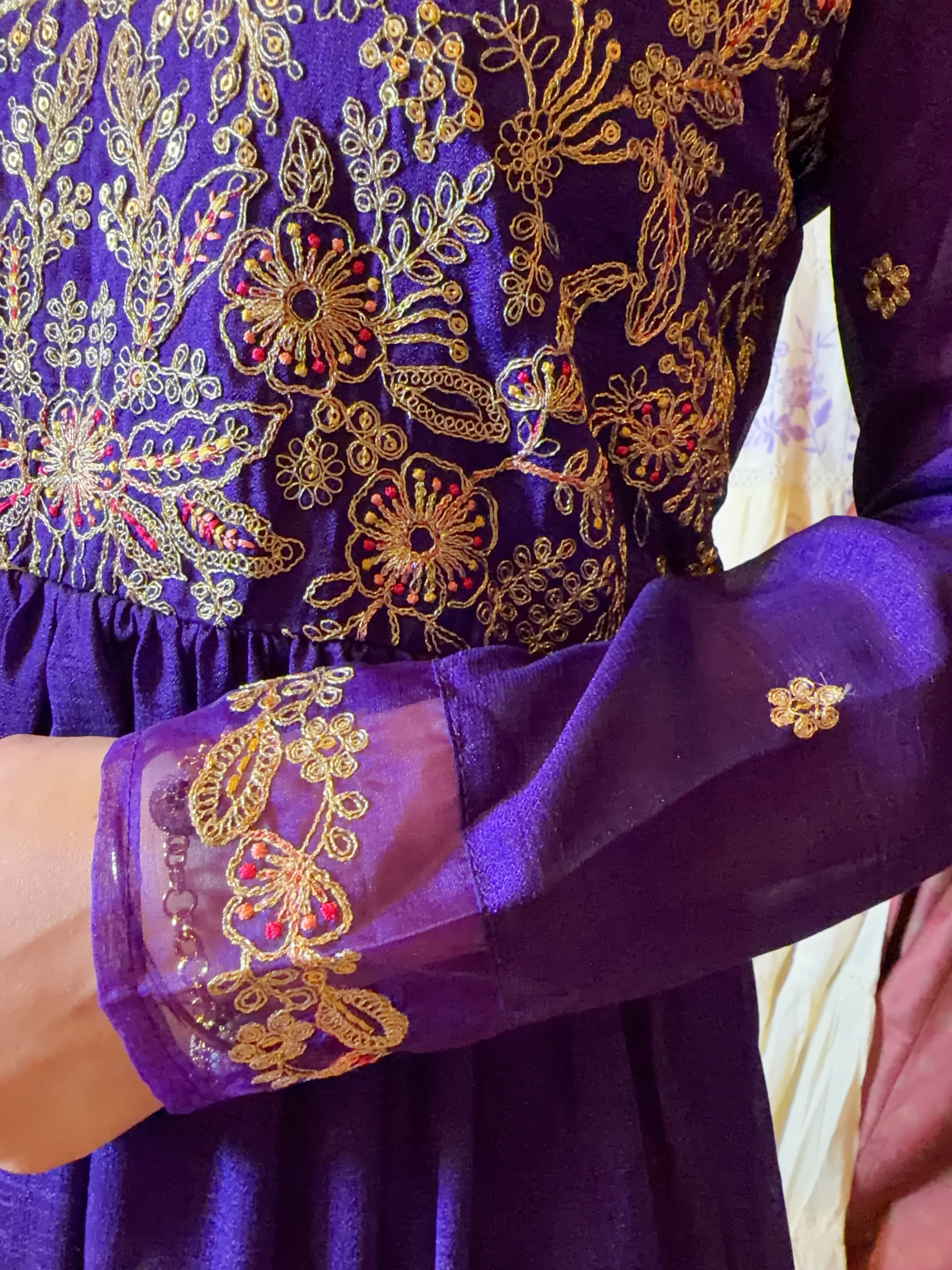 Iris Purple Gold Embrodiery V-neck Kurta 48" #1413