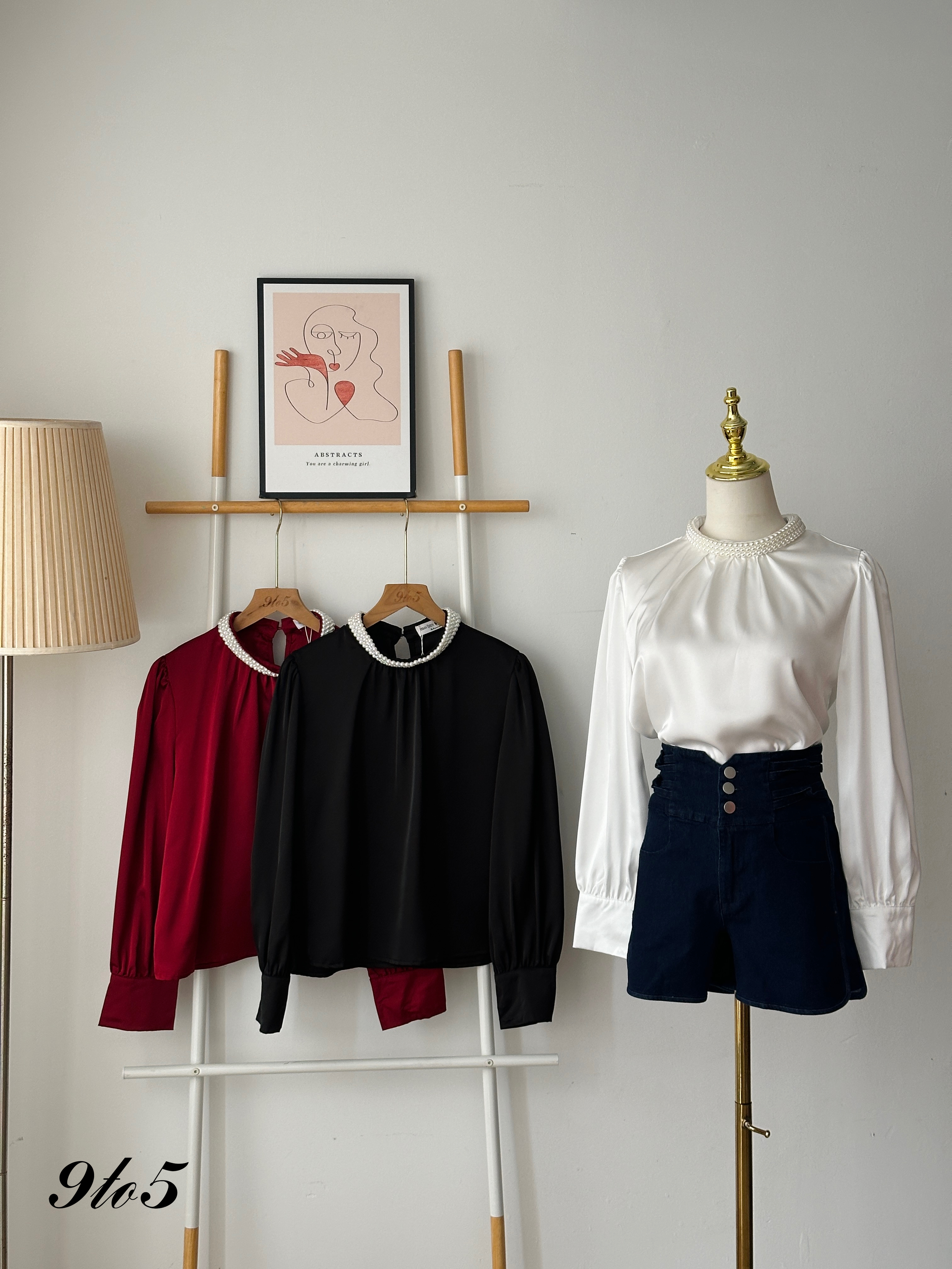 T3965 Pearl Collar Top - 3 Colors