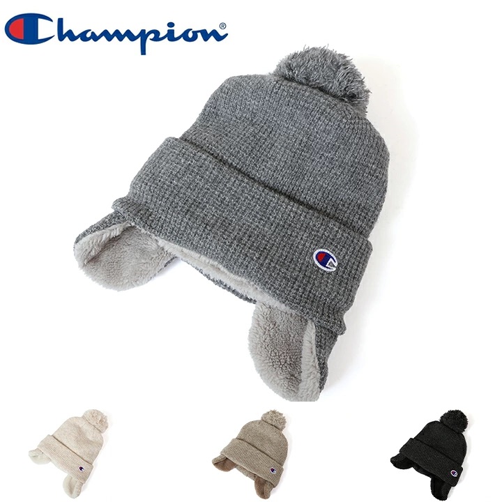 日本代購【 2026秋冬新產品 日本直送 Champion 護耳毛毛球針織冷帽  男女通用| Earflap Pom-pom Knit Cap unisex 】