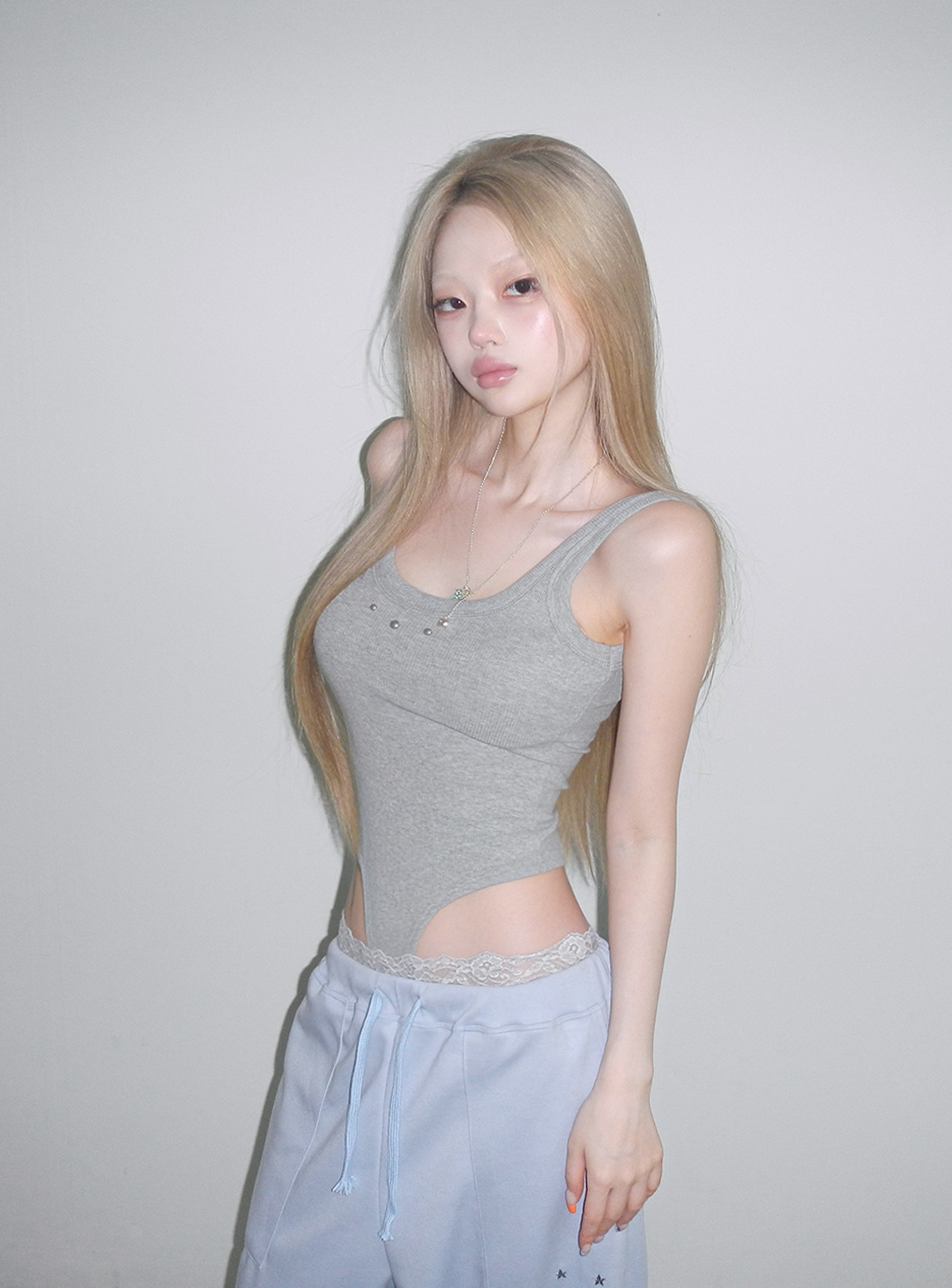 Ribbed Studded High-Cut Bodysuit
