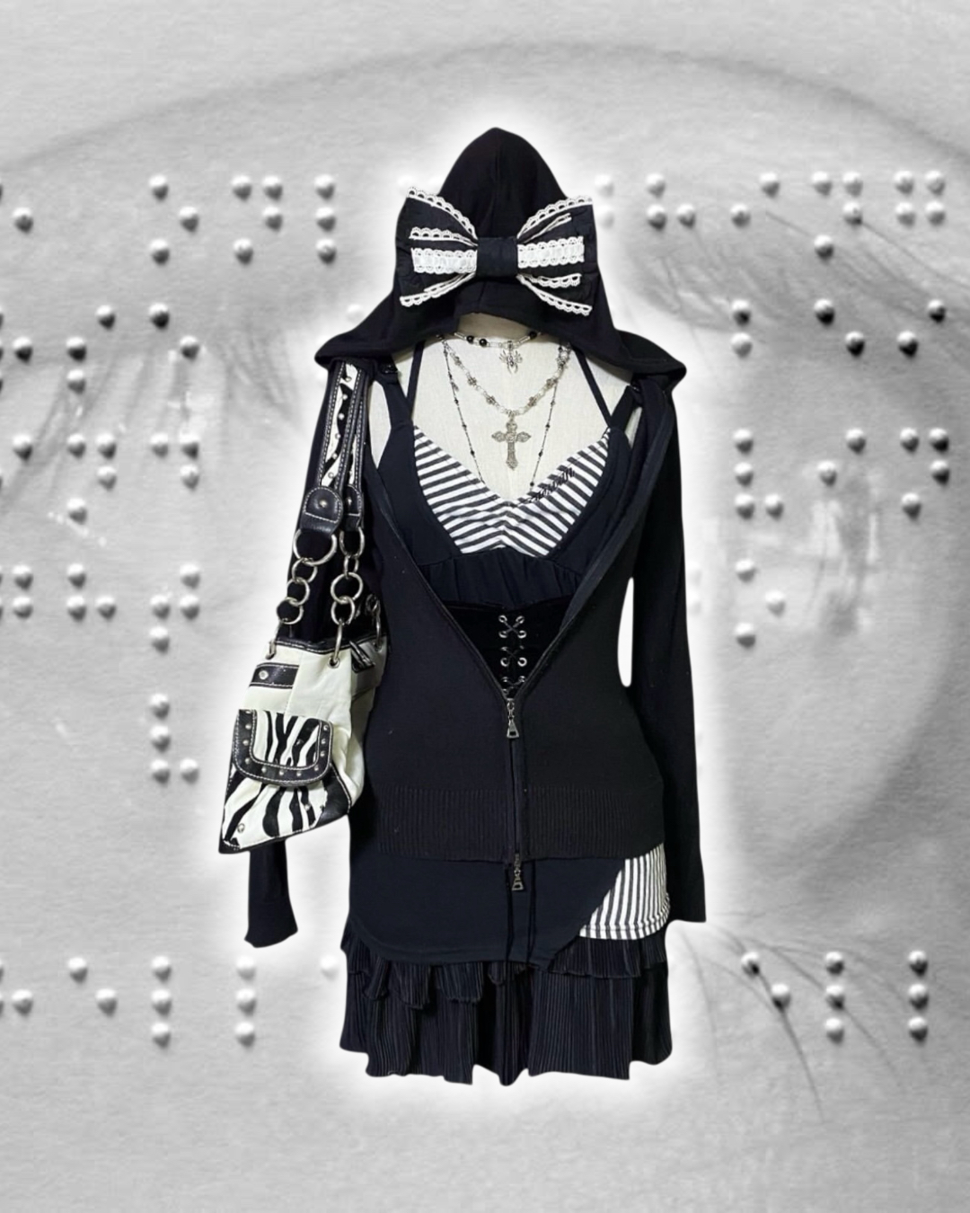 Striped Long Vest Zipper Hooded Jacket Set