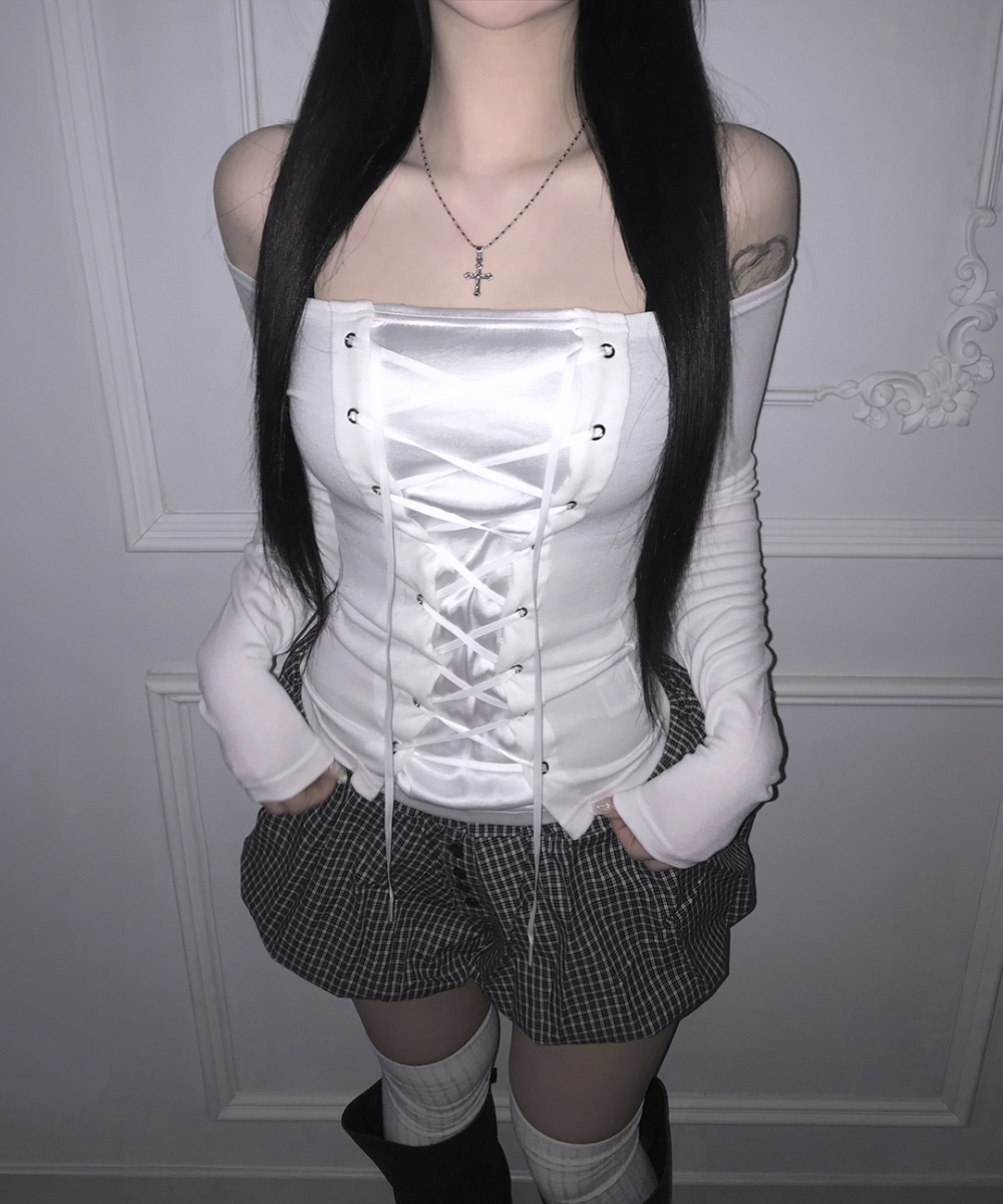 Off-Shoulder Satin Lace-Up Top