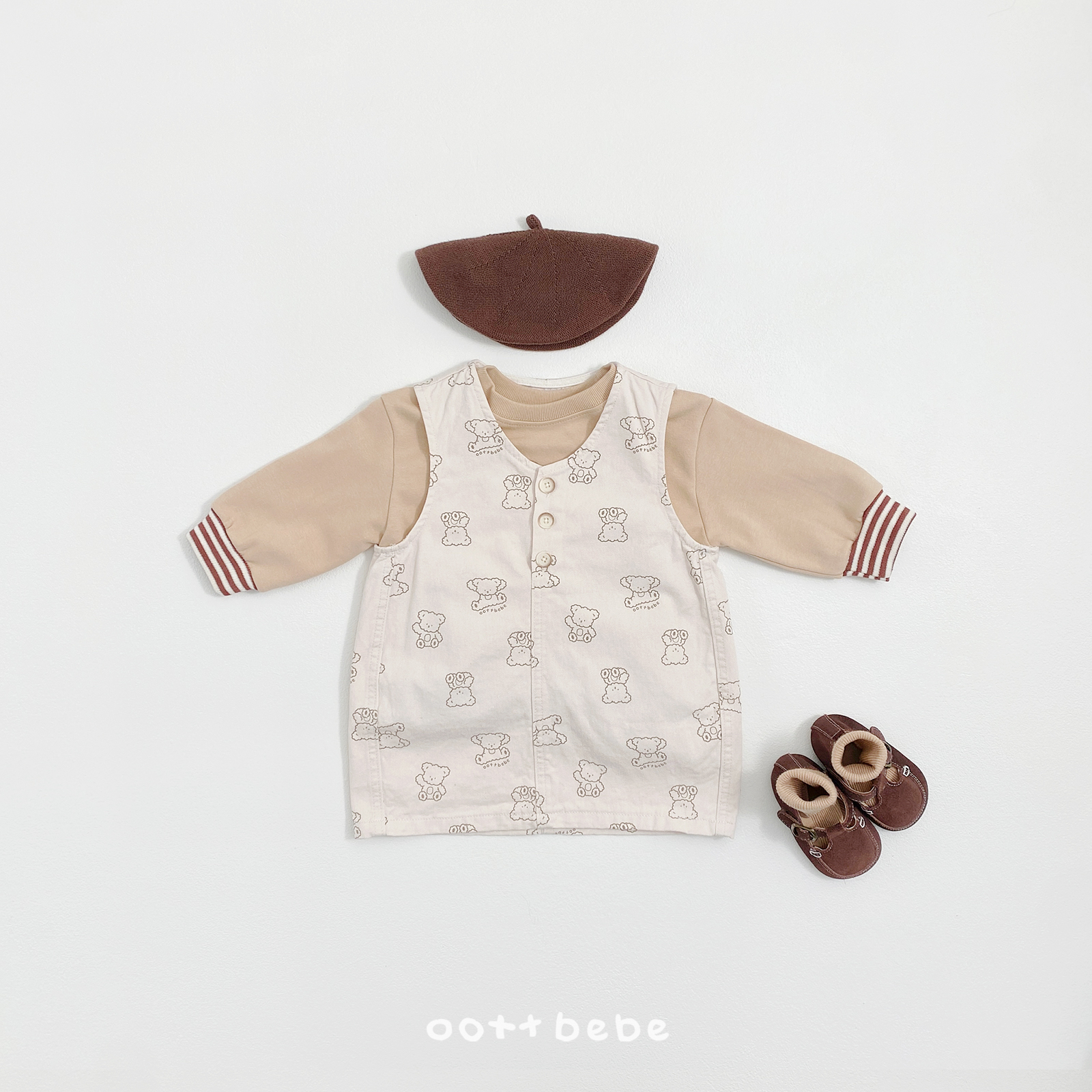 🌸預訂 韓國直送🌸🇰🇷OOTTBEBE兩色小熊滿印牛仔斜紋布背心連身裙