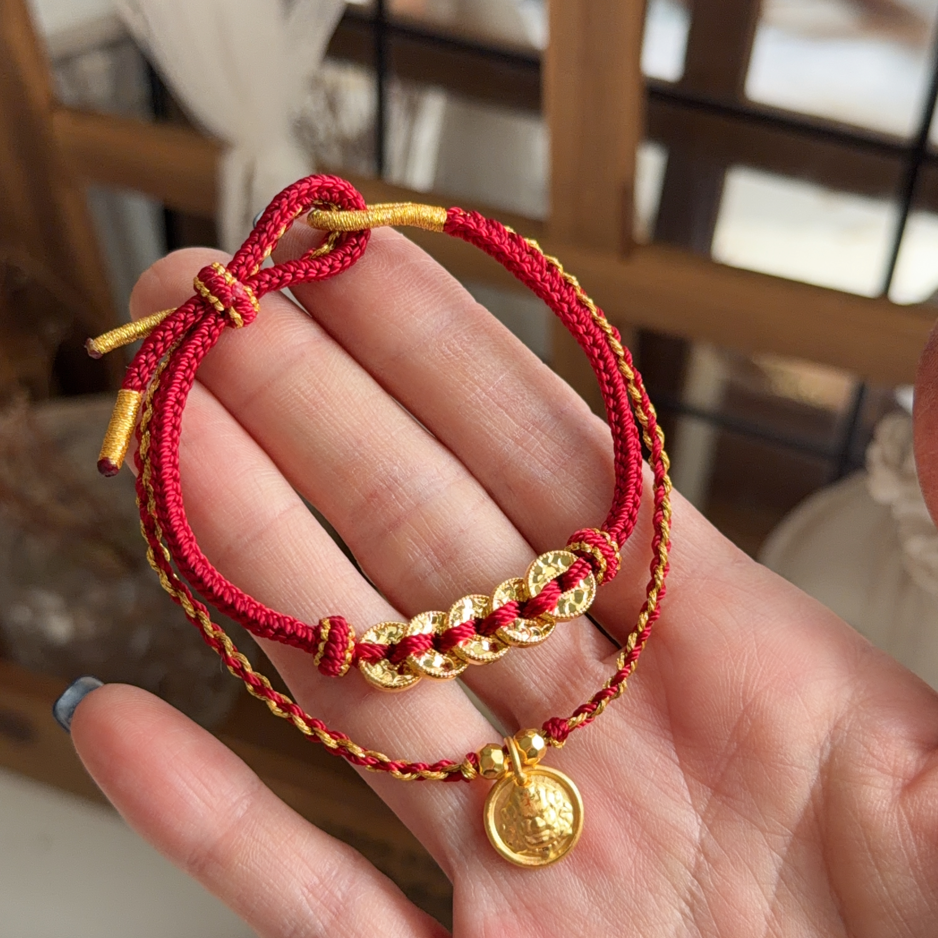 999硬金五帝幣+黃財神襯手绳