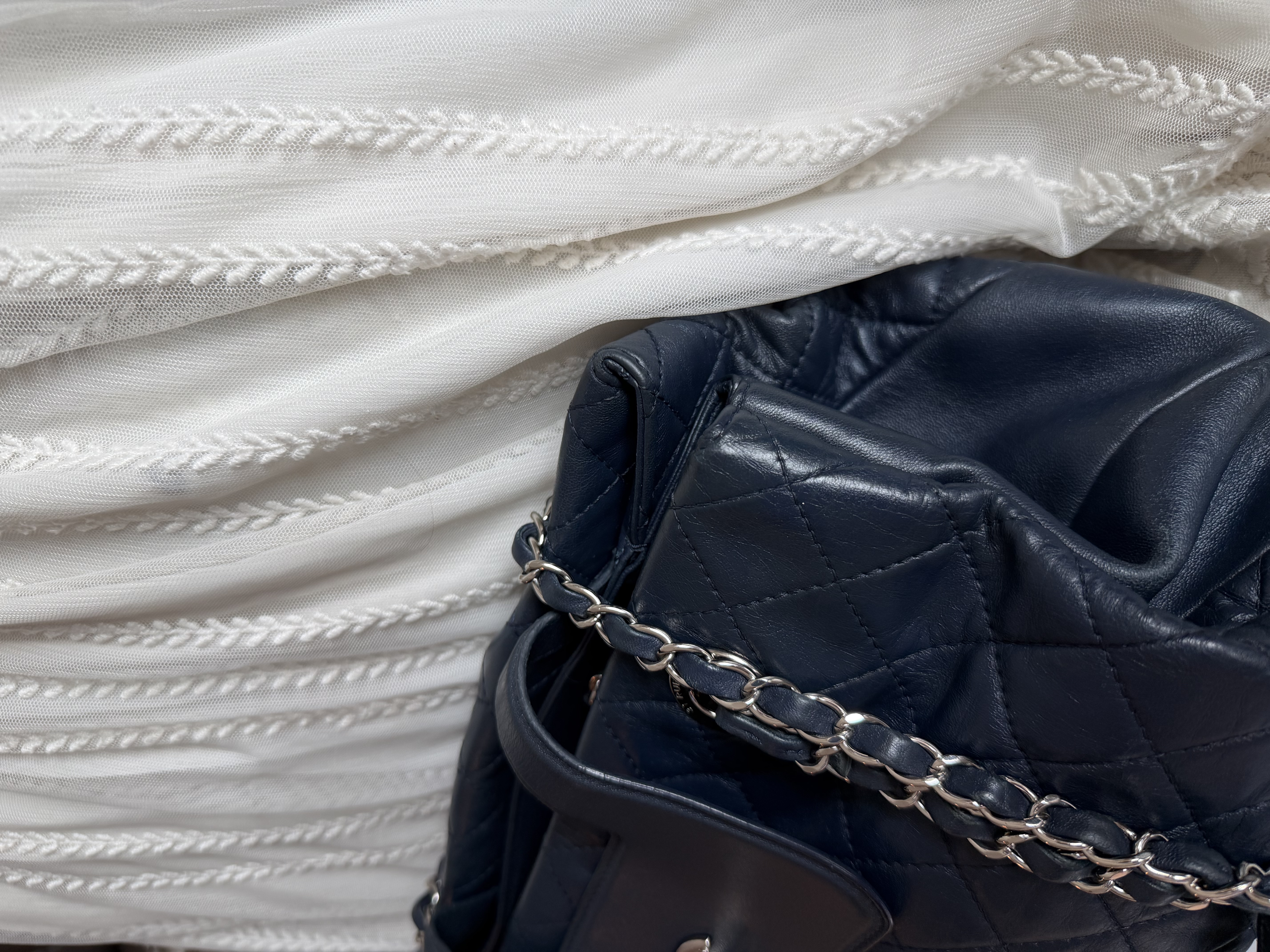 Chanel quilted matelasse navy leather chain bag