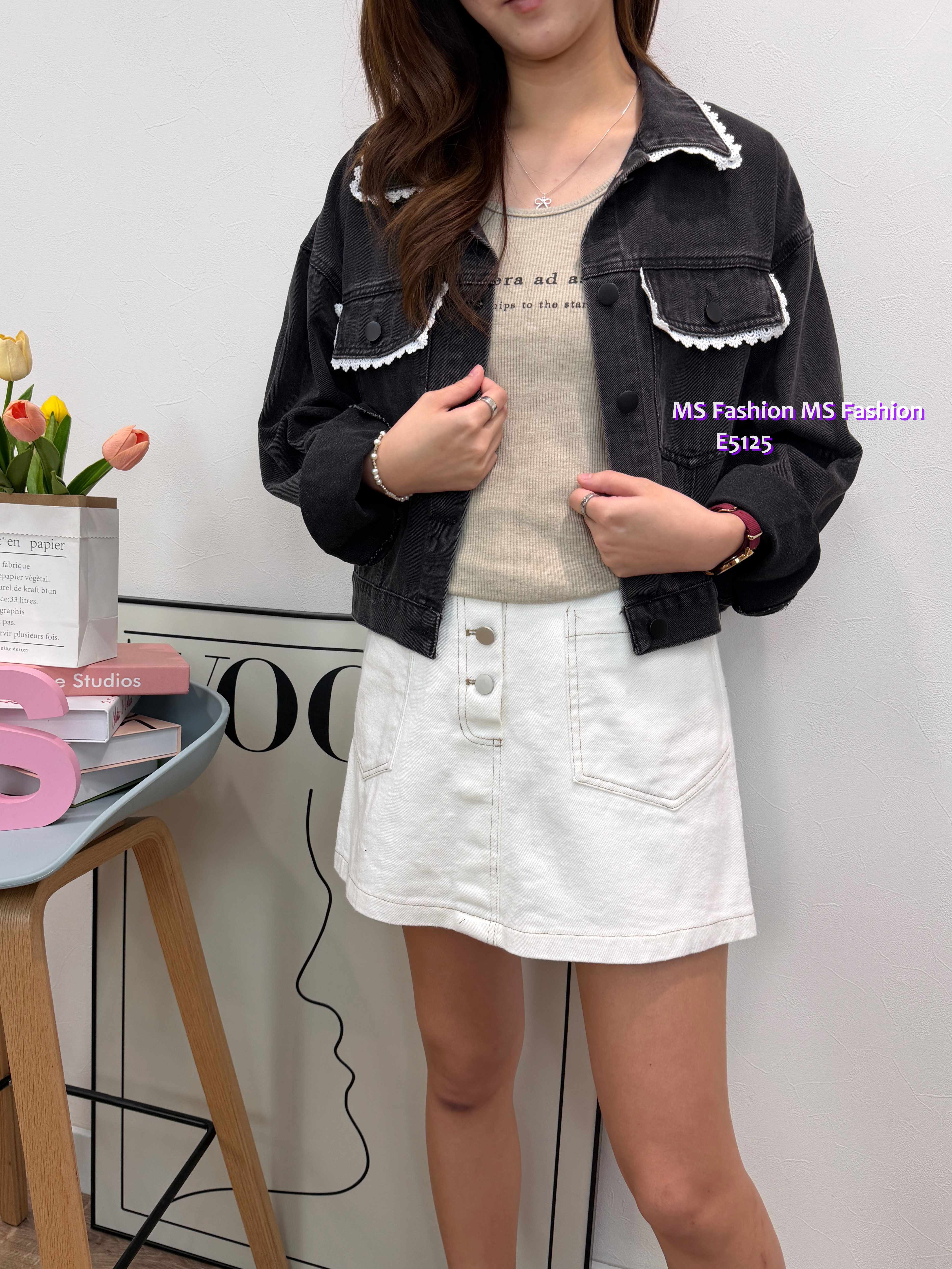 E5125 拼lace邊牛仔褸