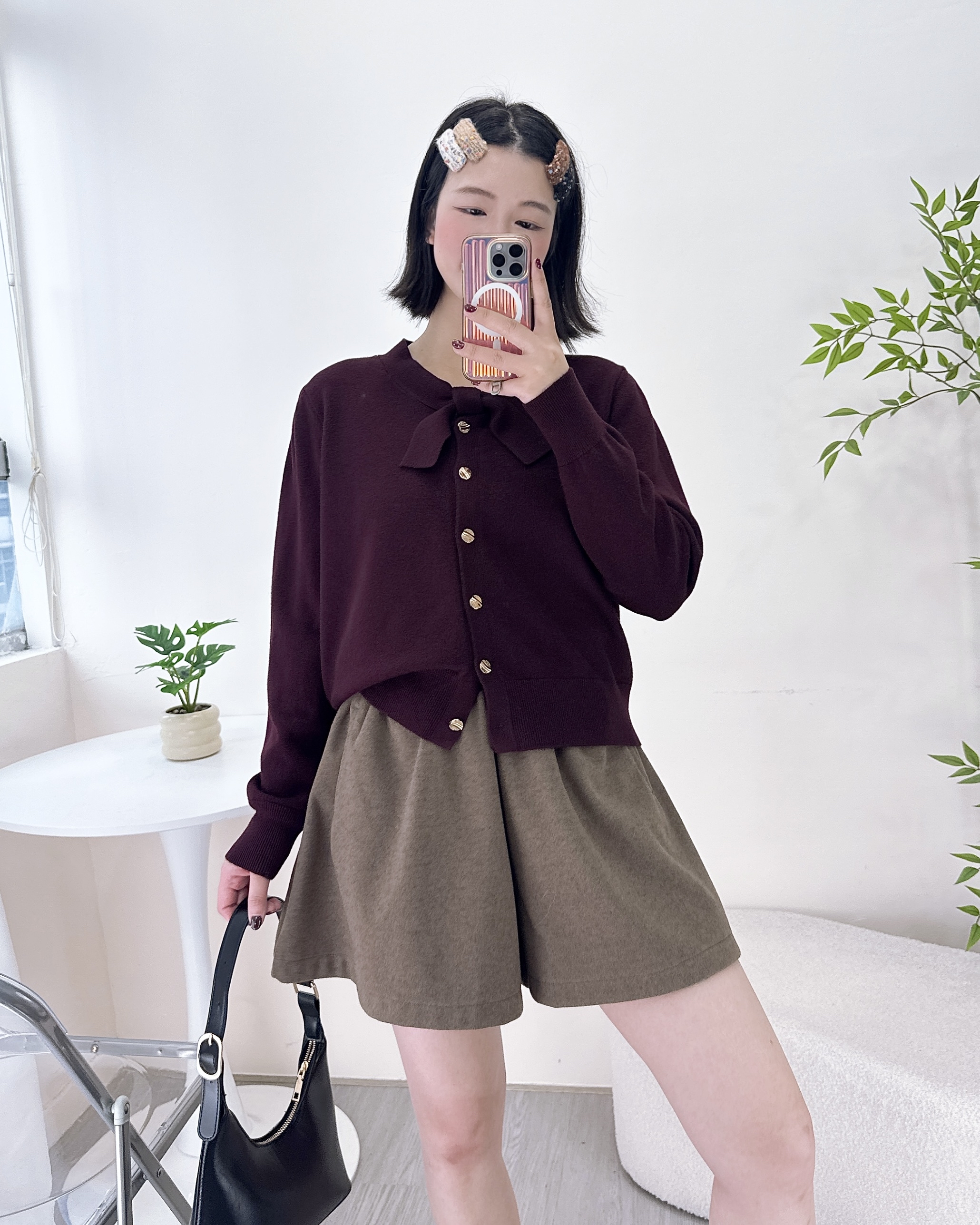 超美領結柔軟針織上衣 3色