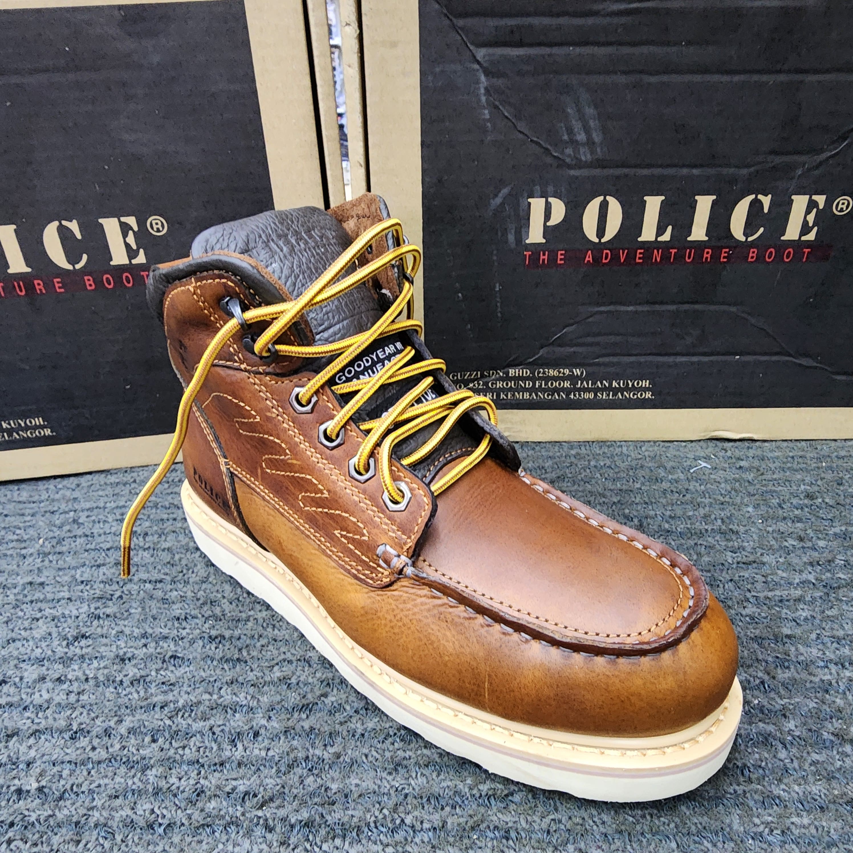 POLICE SAFETY SHOES 92970 Mid Cut Lace Up brown Goodyear Welt Stitching Kasut Keselamatan