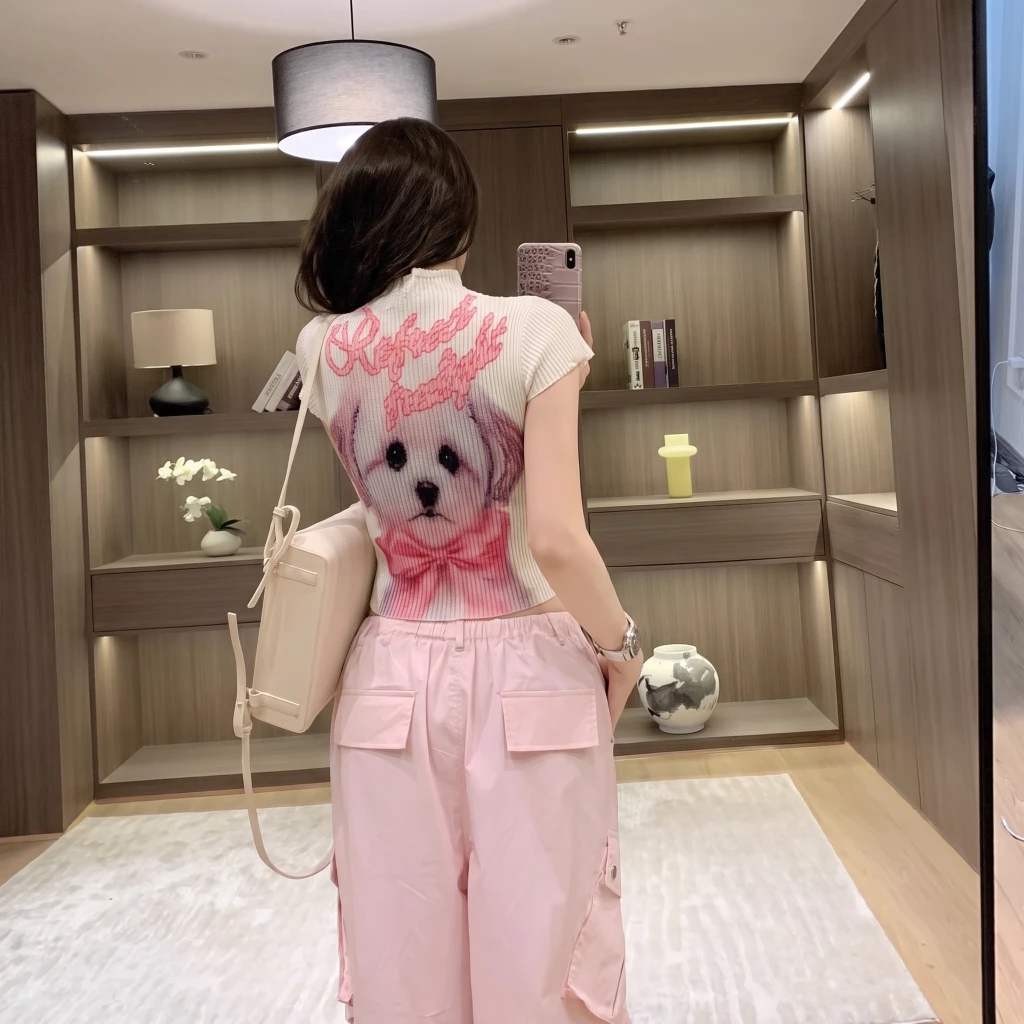 甜美猫咪印花弹簧面料上衣 Sweet Cat Print Textured Stretch Top