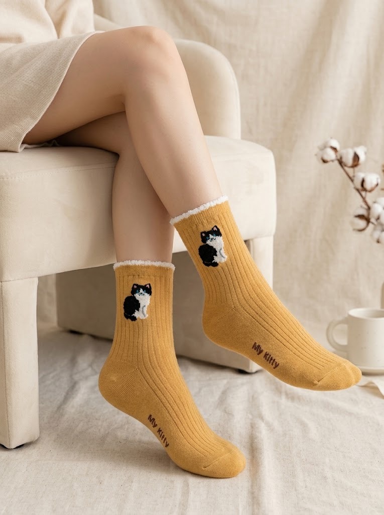 Korean My Kitty Women's High Crew Socks