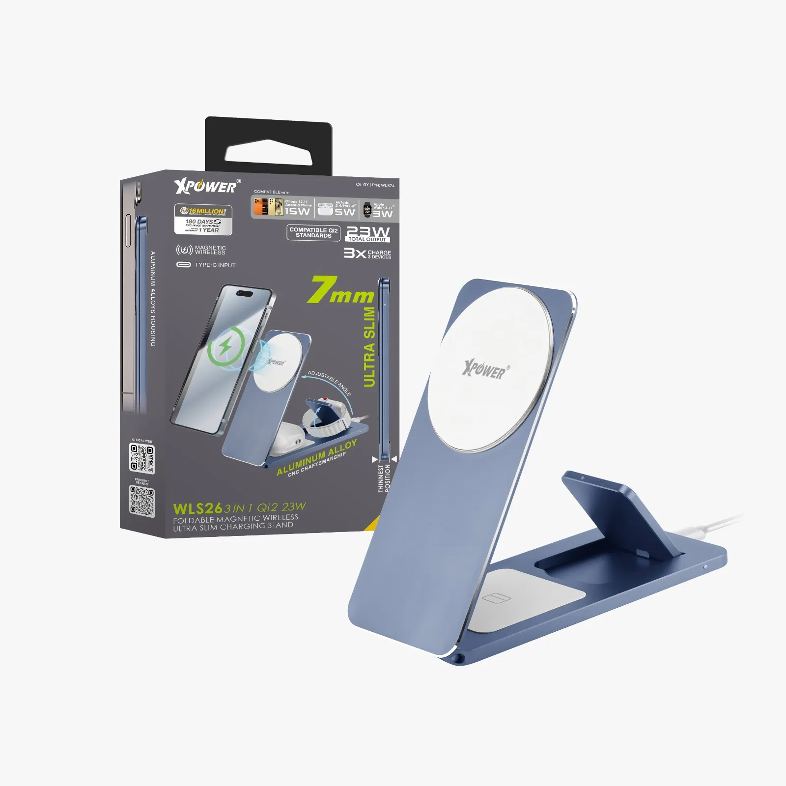 XPower WLS26 3合1 兼容Qi2 折疊式磁吸無線充電座
