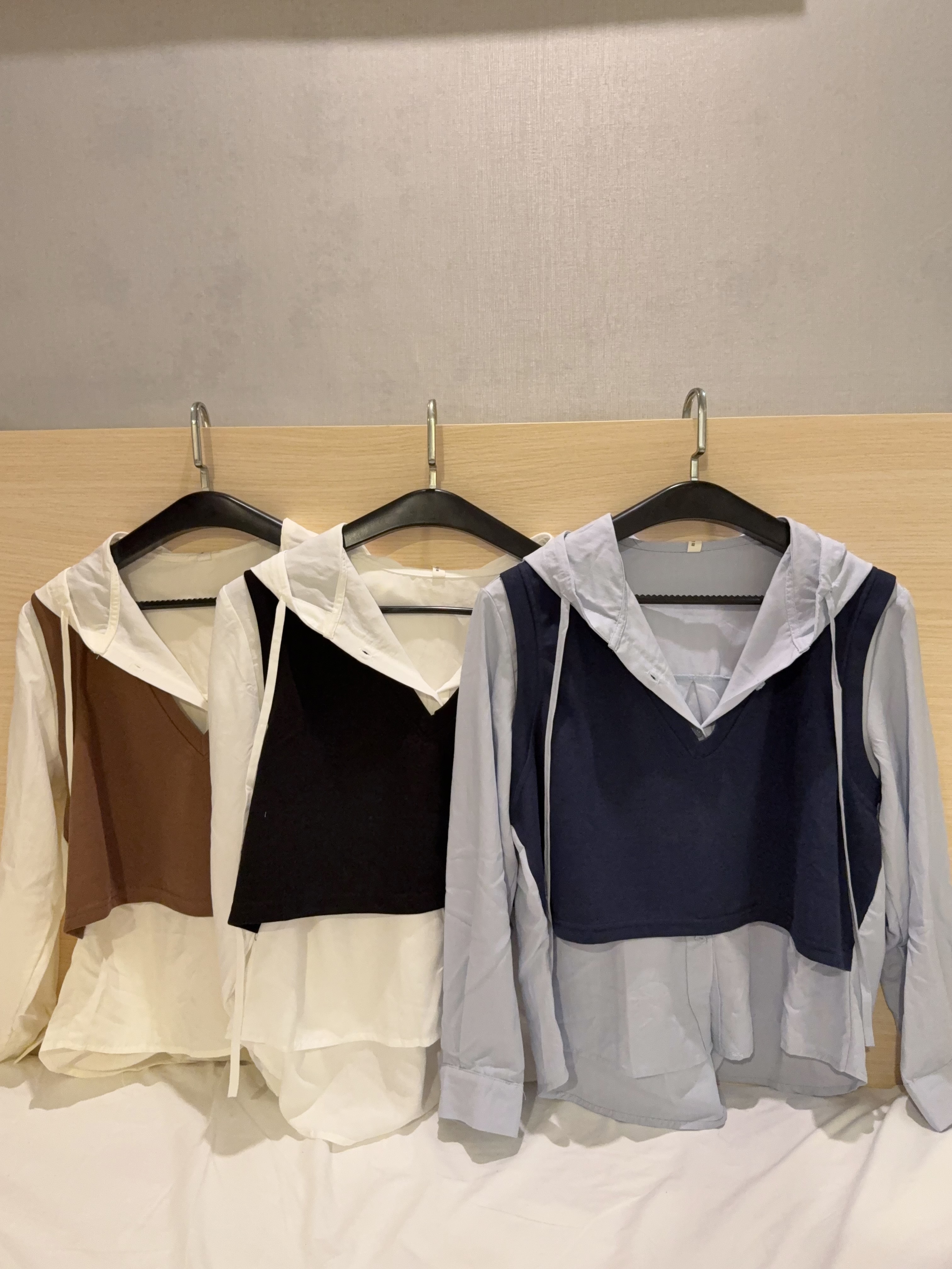 韩版假两件针织连帽长袖衬衫R3008