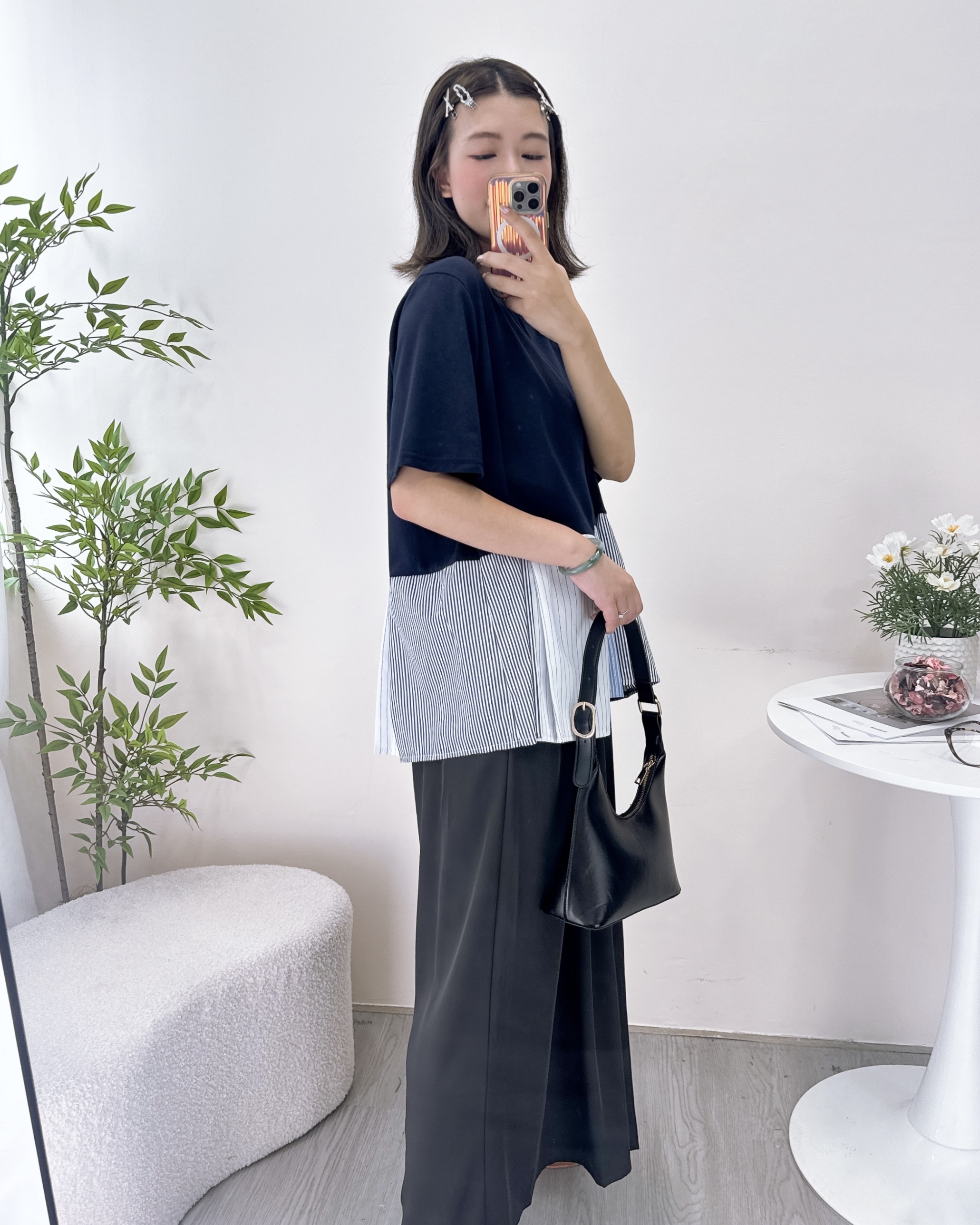 顯瘦拼摺條子布上衣 3色