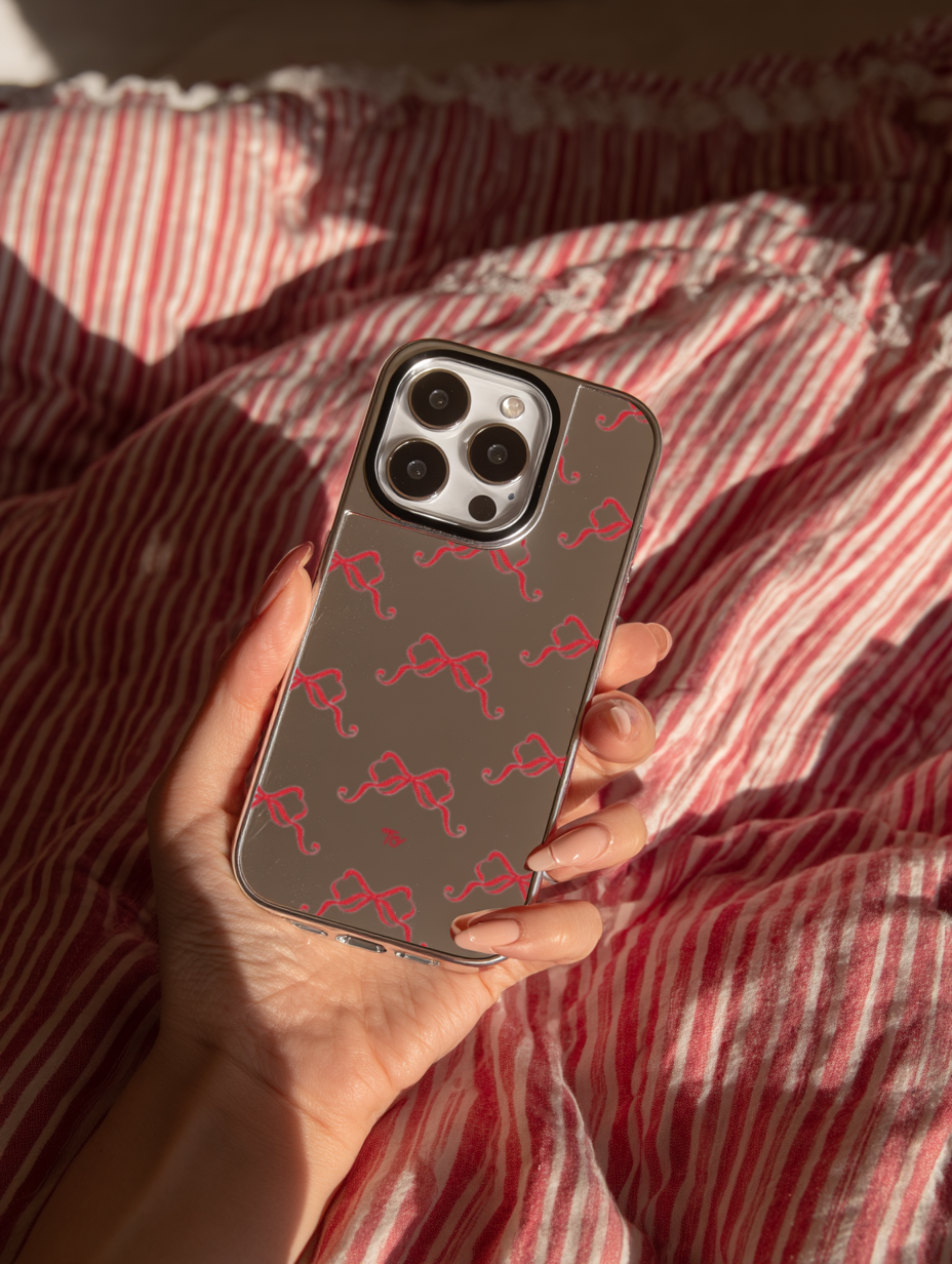 【Burgundy Ribbons in Full Printing】銀框鏡面MagSafe iPhone Case