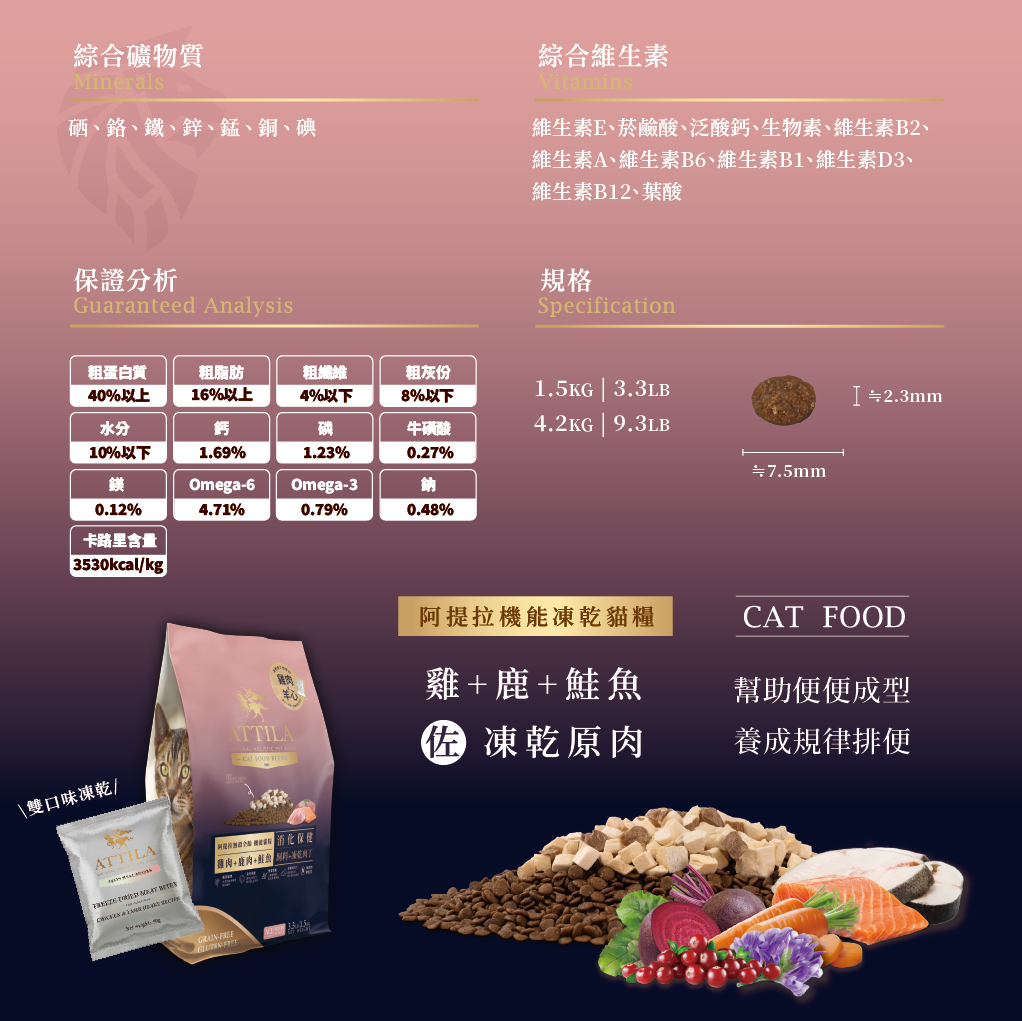 阿提拉凍乾機能無穀貓糧 (雞＋鹿＋鮭魚) 