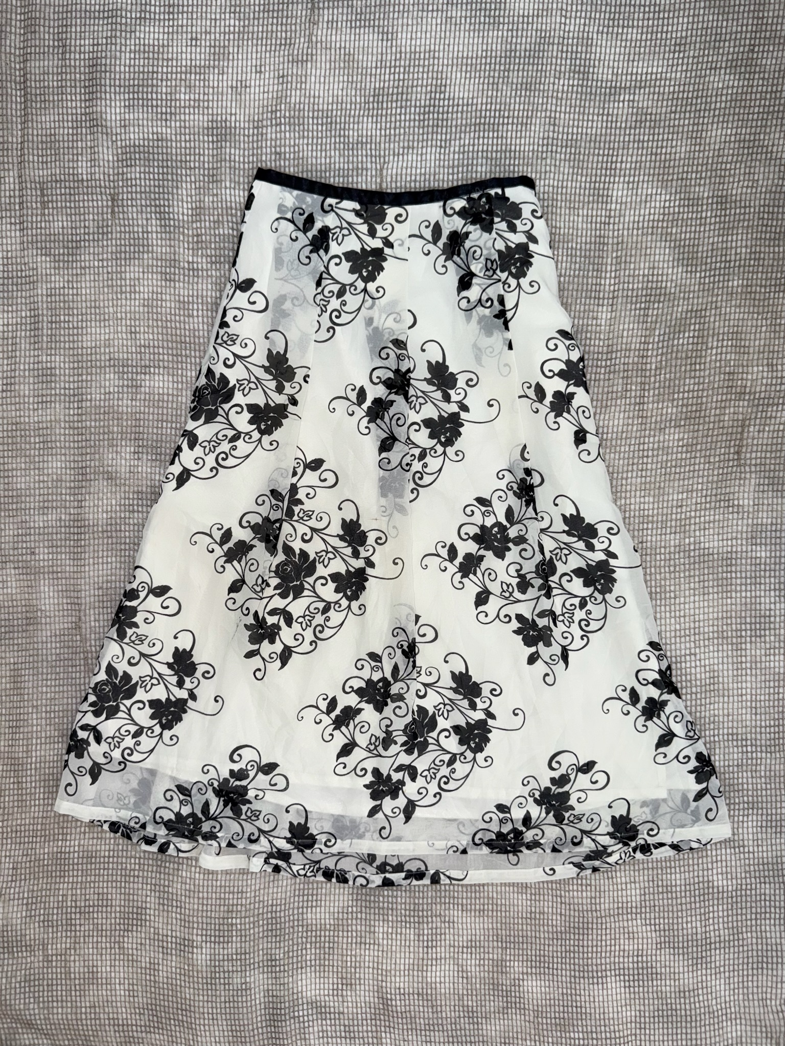 Monochrome Baroque Botanical White Chiffon Midi Skirt