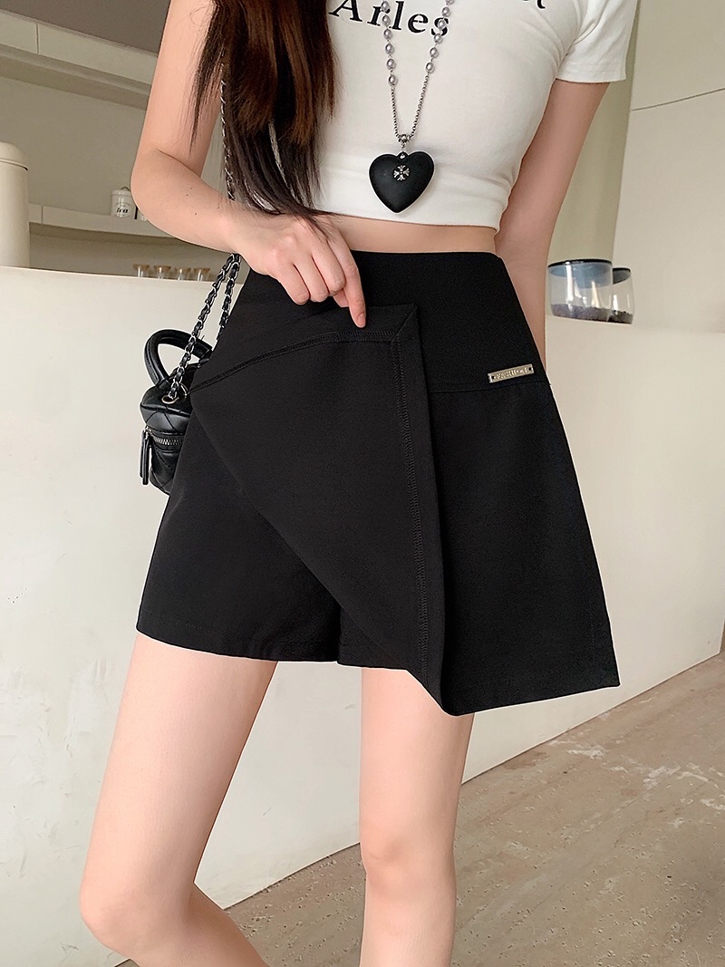 B178(21758) 韩版单银别针标签双边开角显瘦黑白短裙