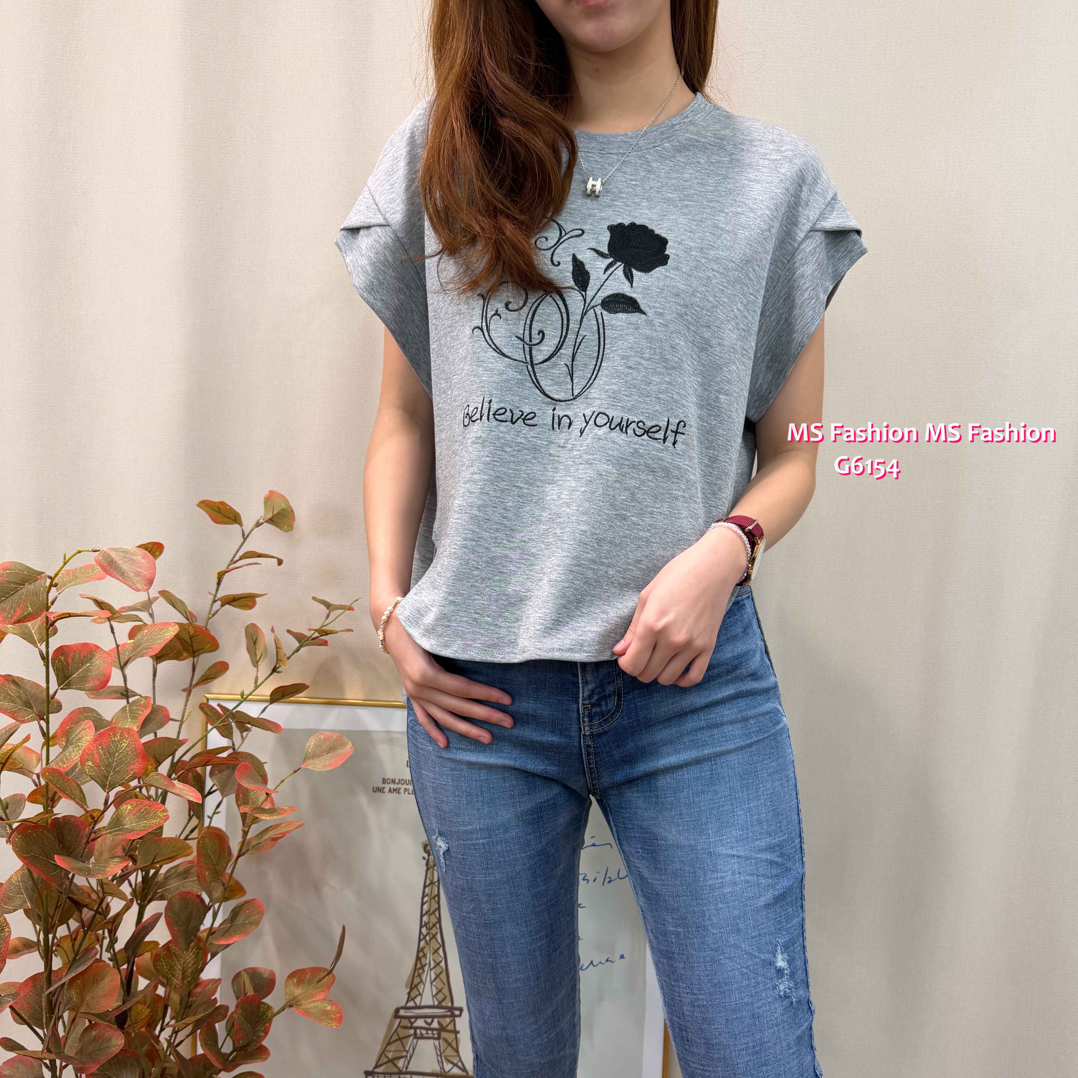 G6154 韓國🇰🇷刺繡黑玫瑰圖案top