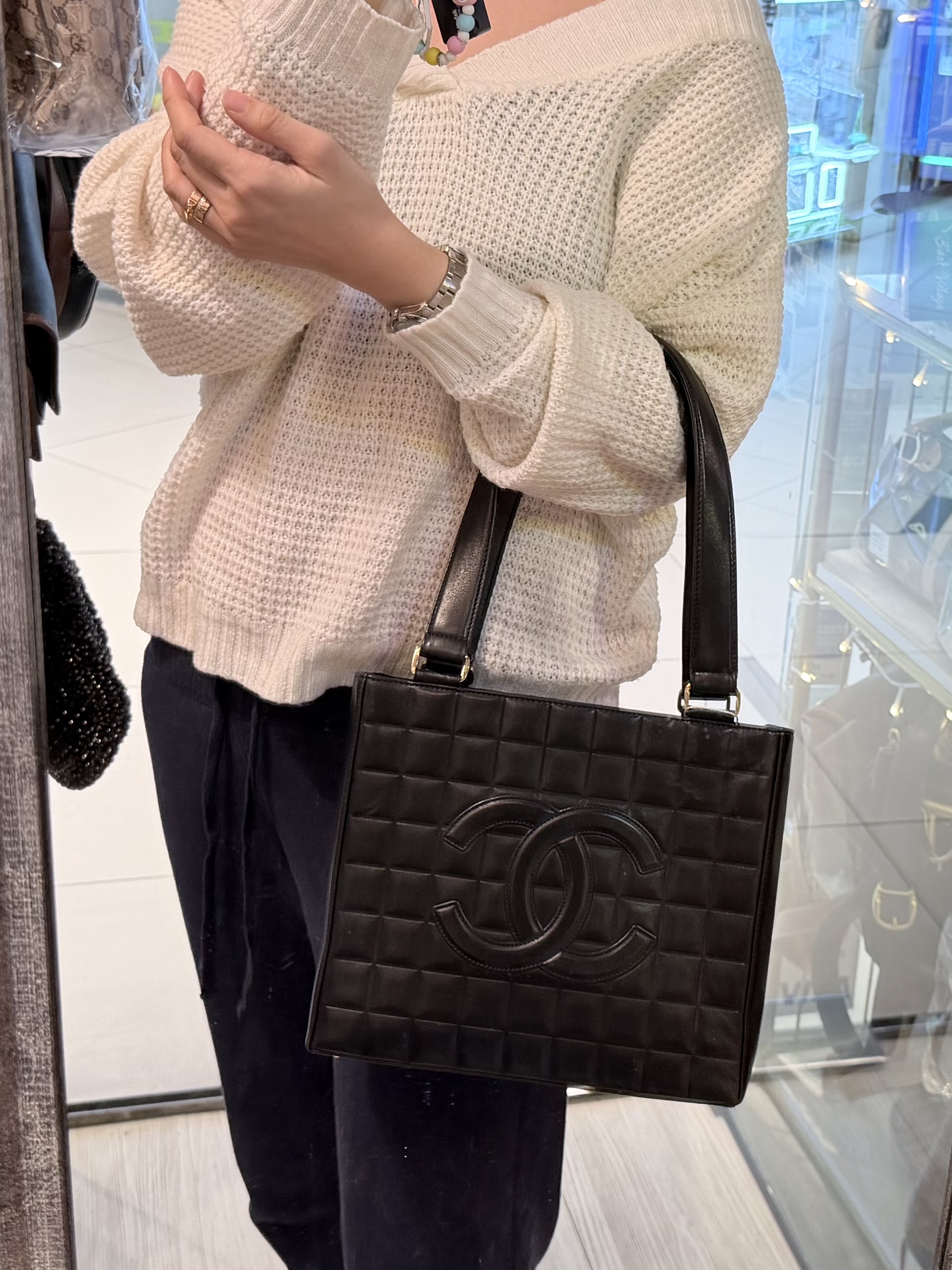 chanel chocolate bar black leather shoulder tote bag 