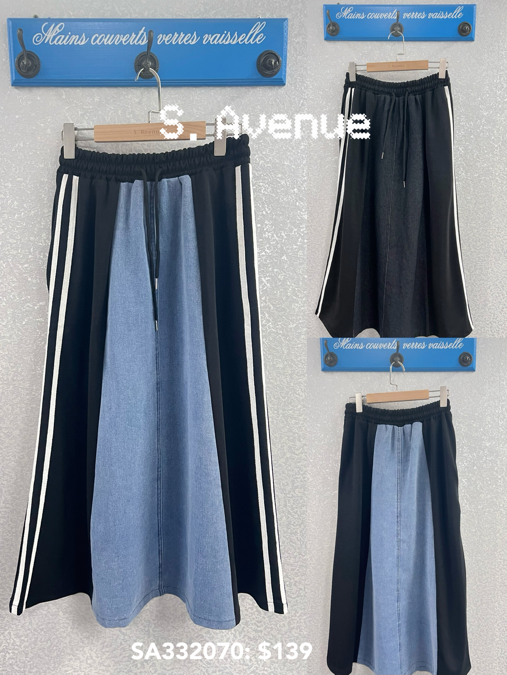 SA332070: 橡筋腰側拼西布A字牛仔裙