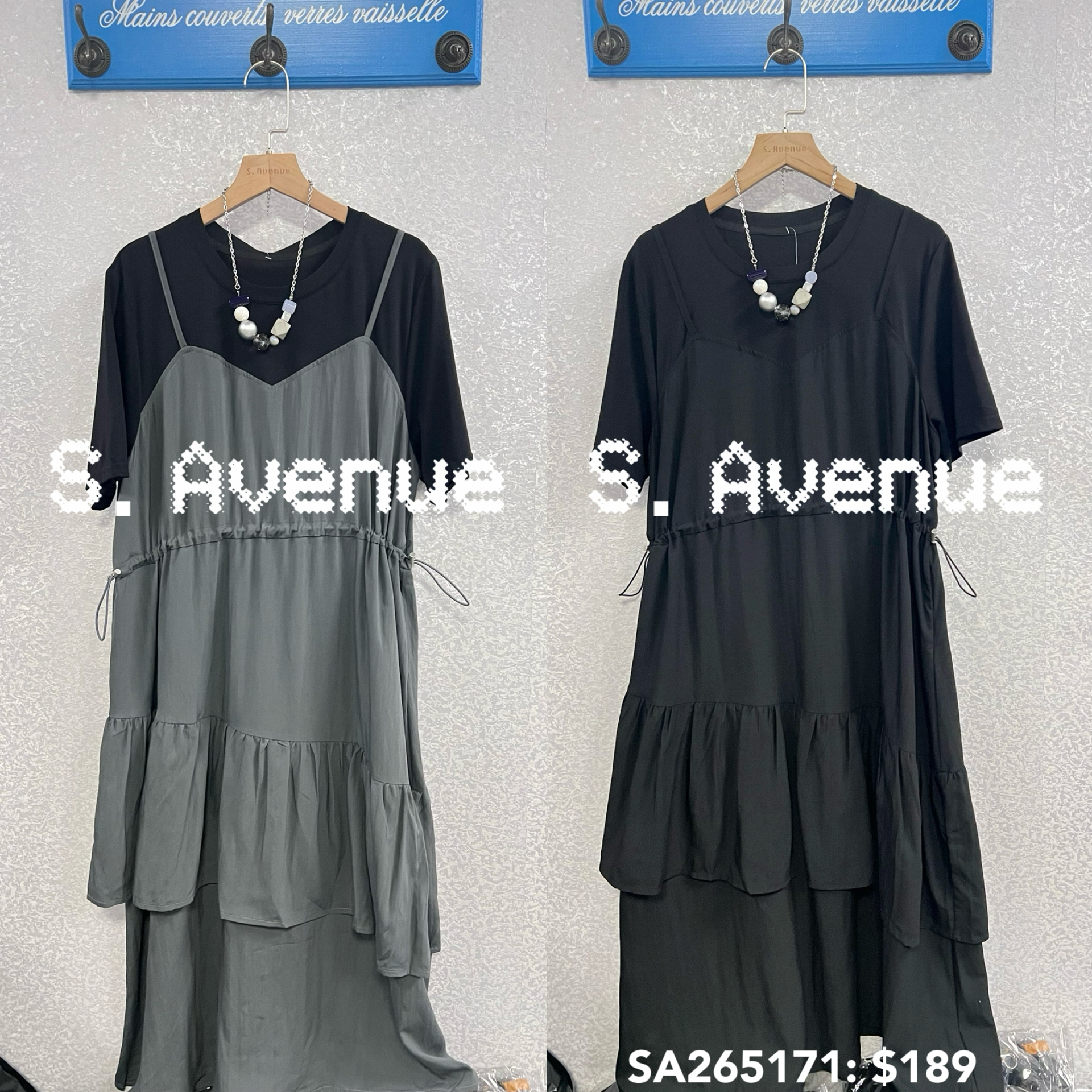 SA265171: 短袖吊帶V領束腰假兩件op