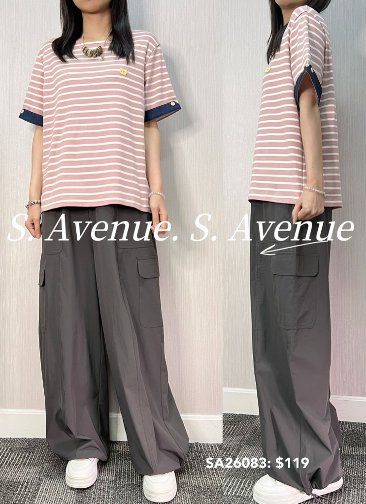 SA26083: 短袖反袖邊間條tee