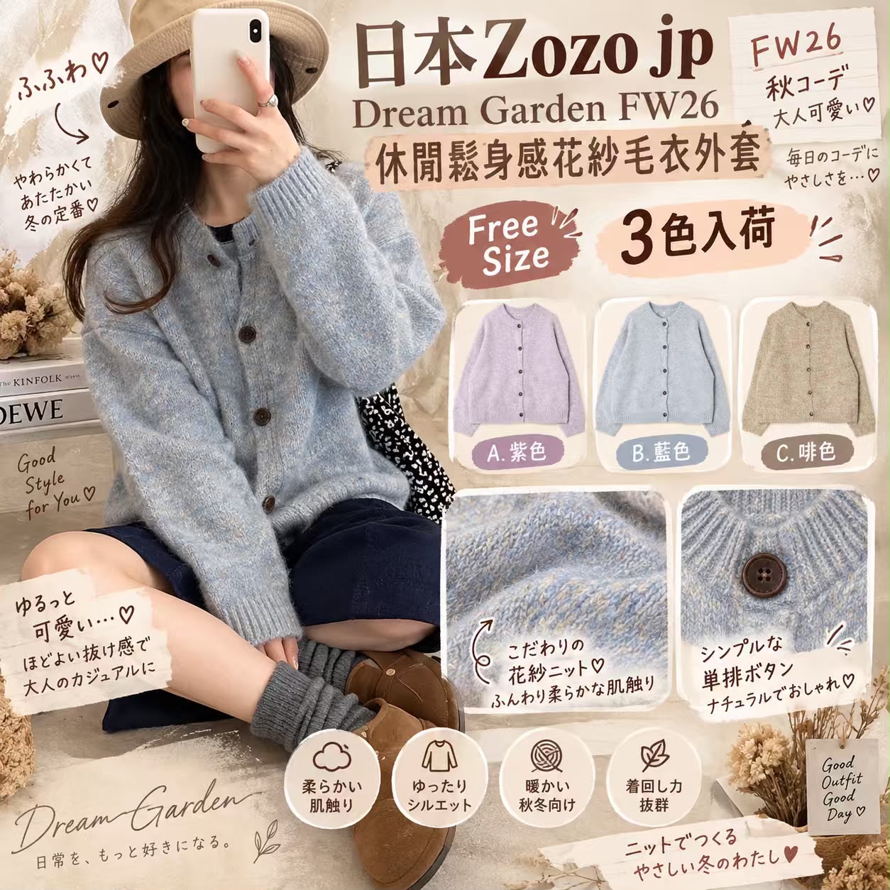 【預訂】日本 Zozo JP Dream Garden 休閒鬆身感花紗毛衣外套