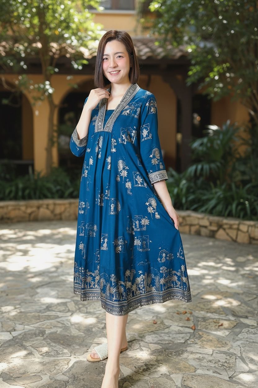 Navy Blue V-Neck Emb. Collar OP 42" #1068