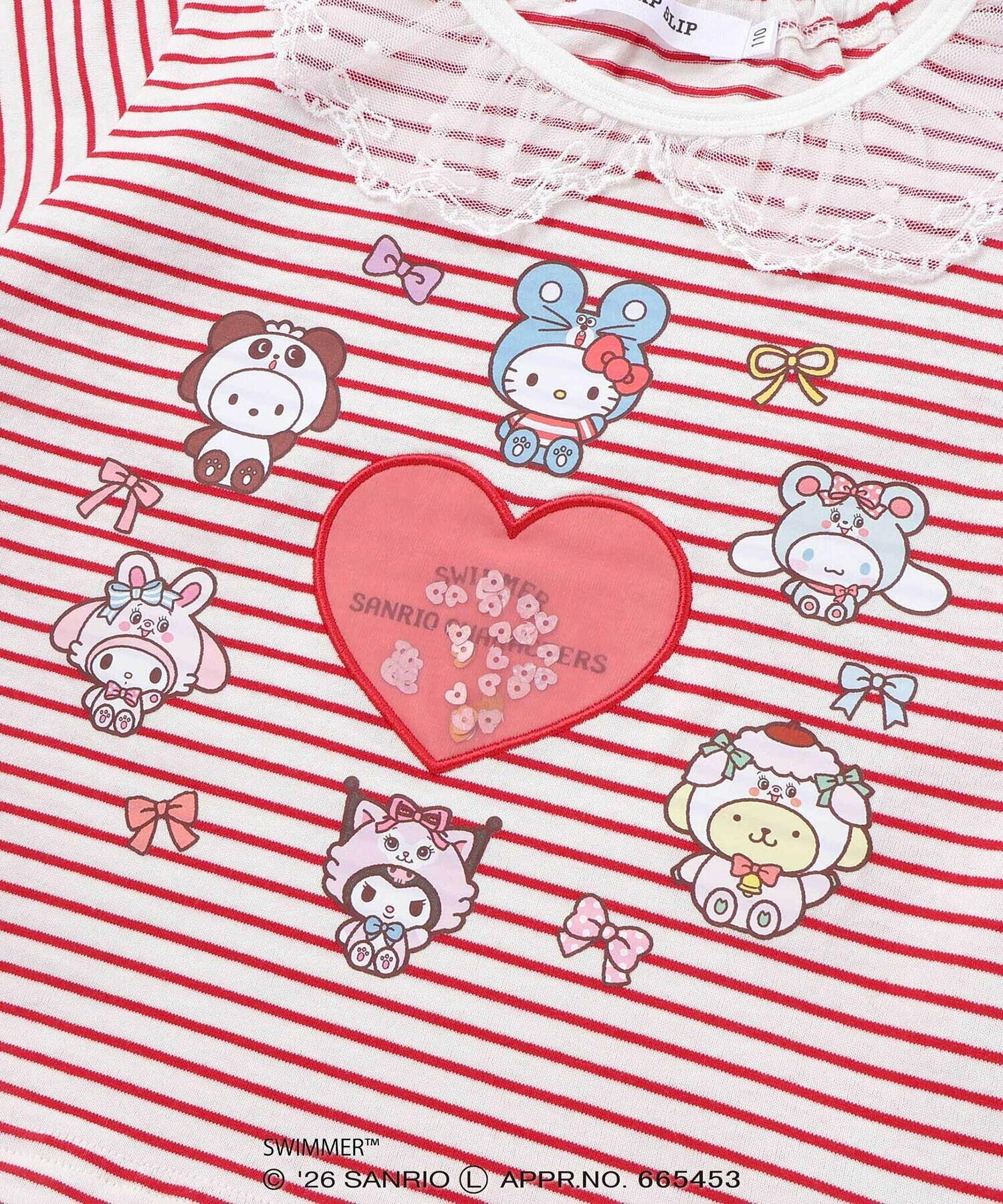 🇯🇵預訂 日本直送🇯🇵Slap Slip x Swimmer x Sanrio系列兩色人物印花亮片愛心蕾絲荷葉邊領口條紋短袖上衣