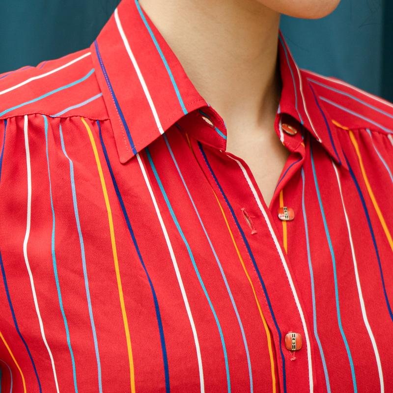 Vintage Japanese An kyara Red and Striped Pattern Chiffon Shirt/Blouse（MT1606-17)