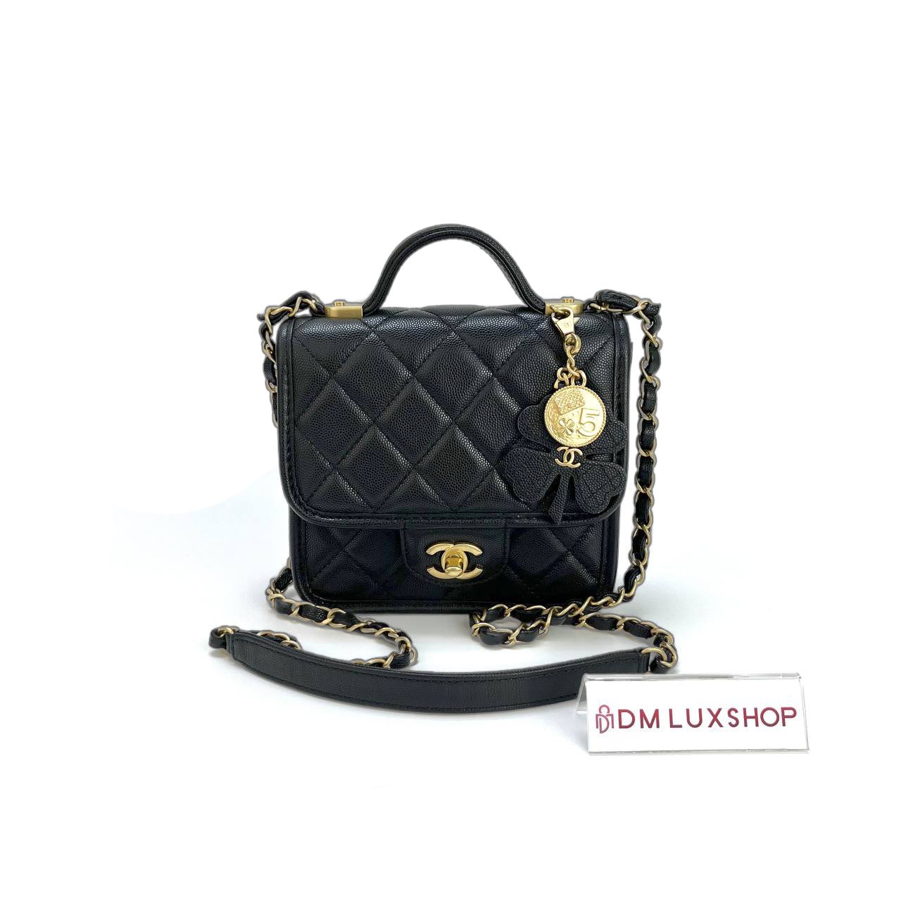 Chanel Black Caviar 25B Lucky Clover Top Handle Flap Bag GHW (Microchip)