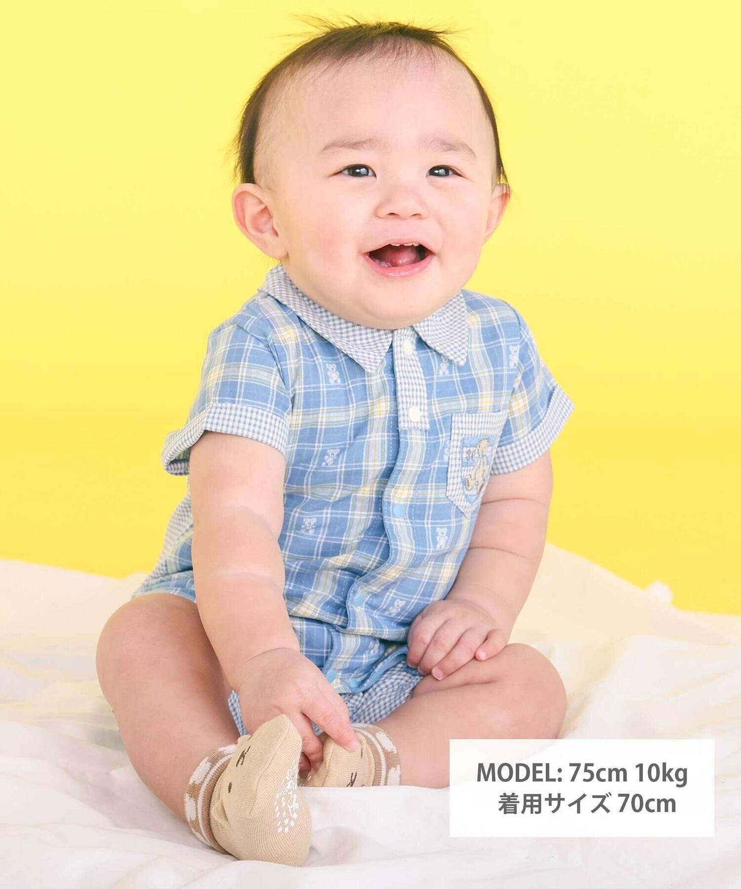 🇯🇵預訂 日本直送🇯🇵Slap Slip Baby兩色小熊刺繡口袋格紋翻領短袖連身服