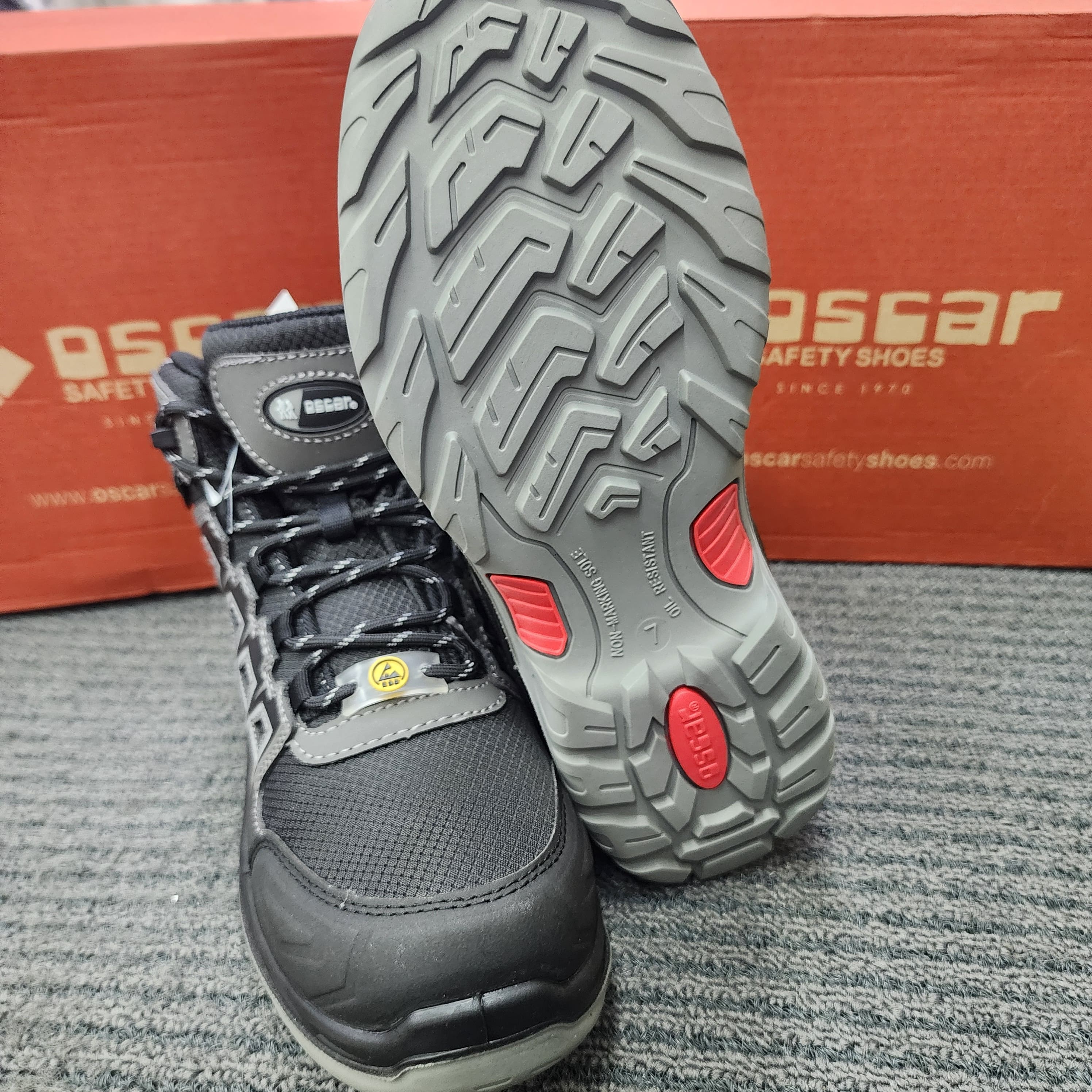 Oscar 122 123 Sport Safety Shoes Mid Cut Lace Khaki Grey ESD SHOES Water Resistant  Kasut Keselamatan