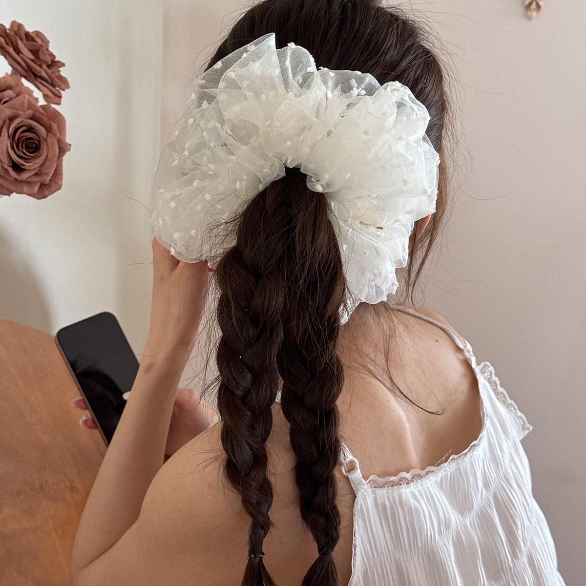 复古刺绣点点网纱大肠发圈｜Vintage Embroidered Tulle Scrunchie